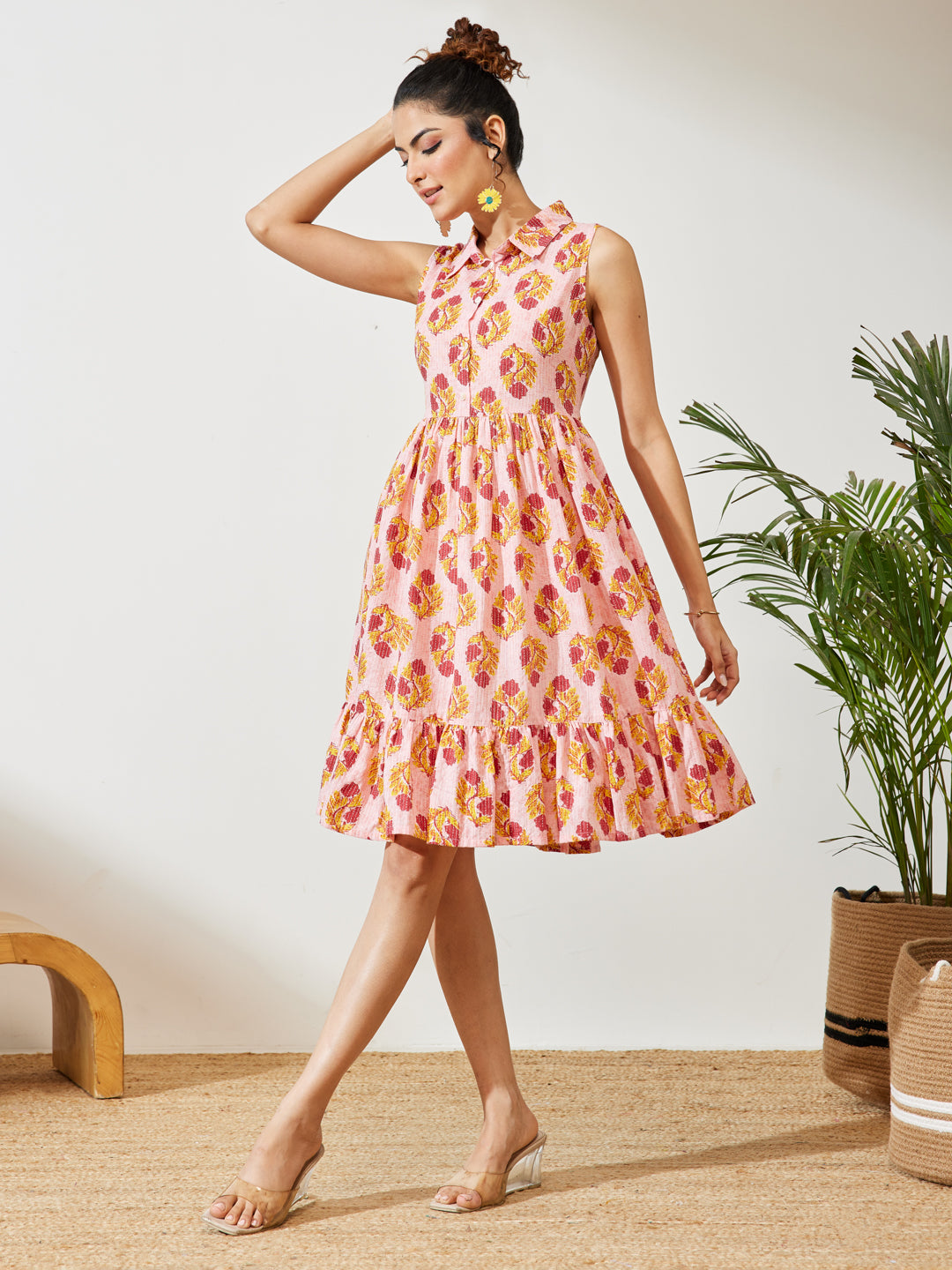 Janasya Women's Pink Pure Cotton Floral Printed Fit & Flare Dress