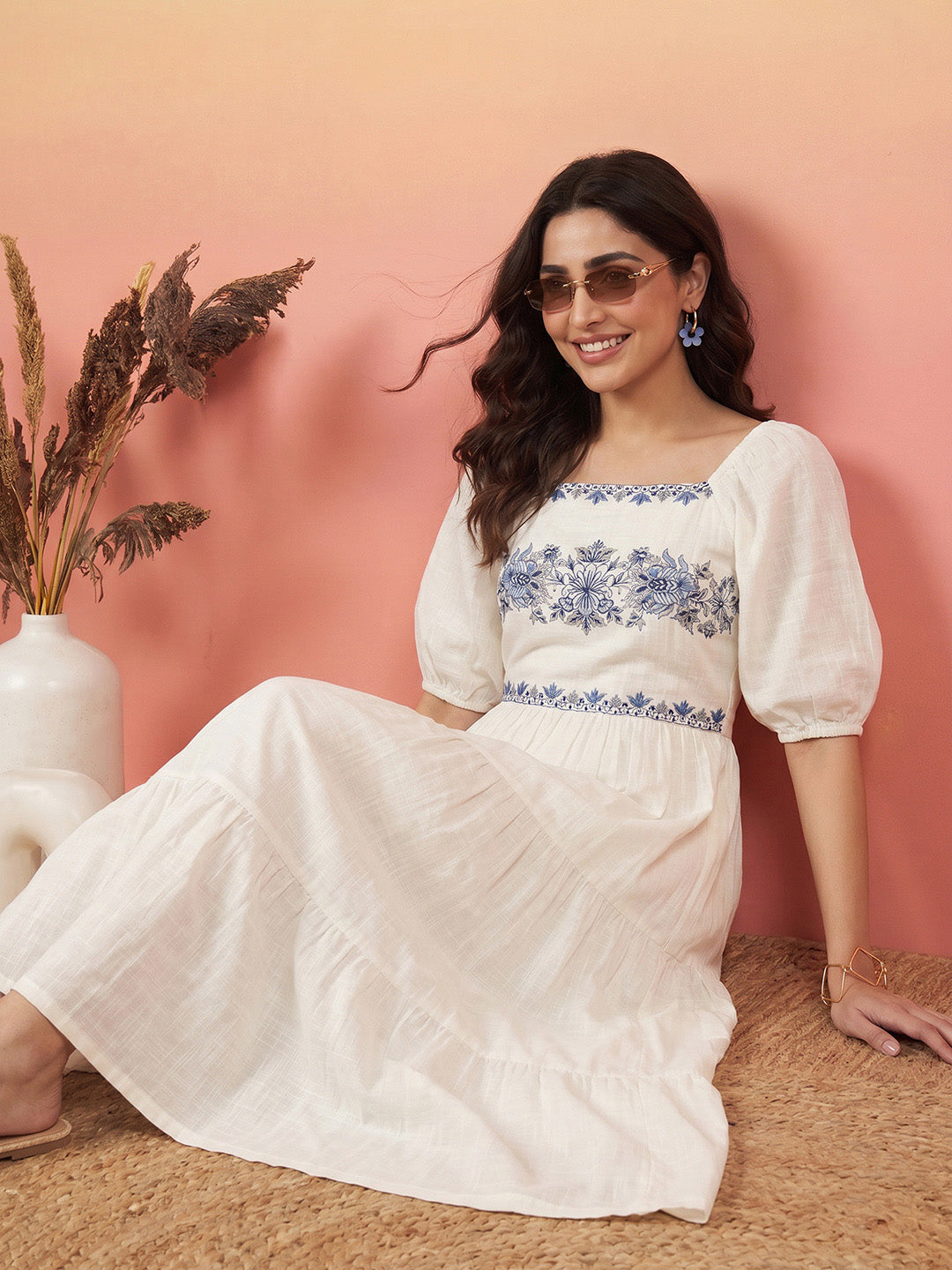 Janasya Women's White Linen Cotton Embroidered Tiered Dress