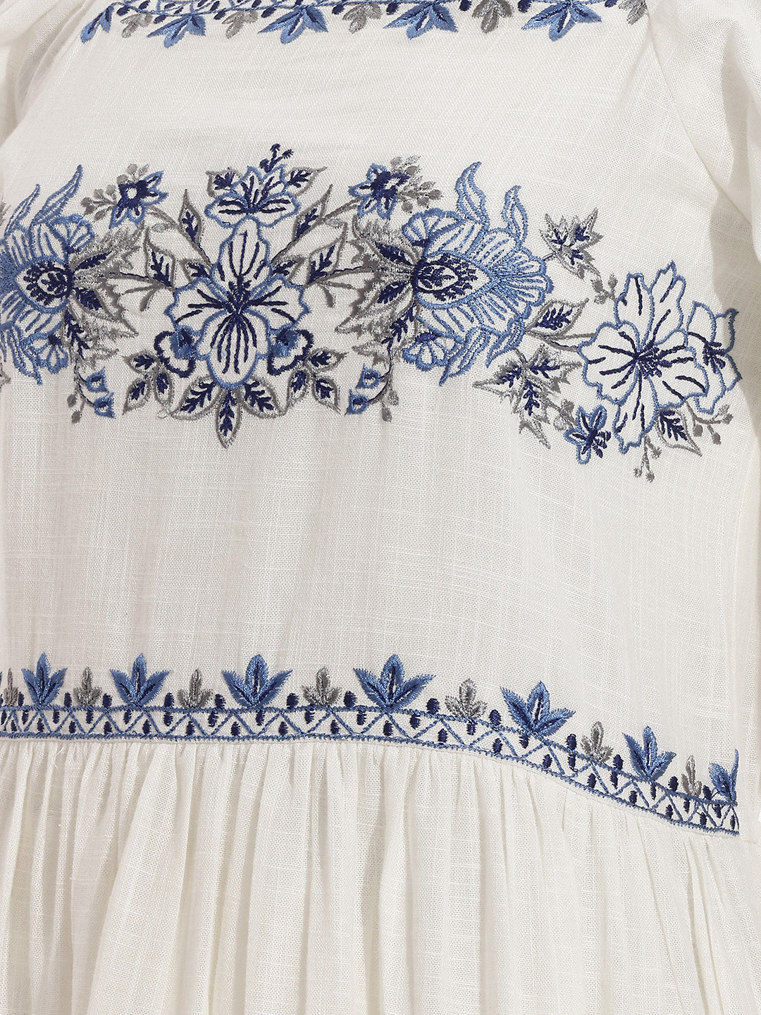 Janasya Women's White Linen Cotton Embroidered Tiered Dress