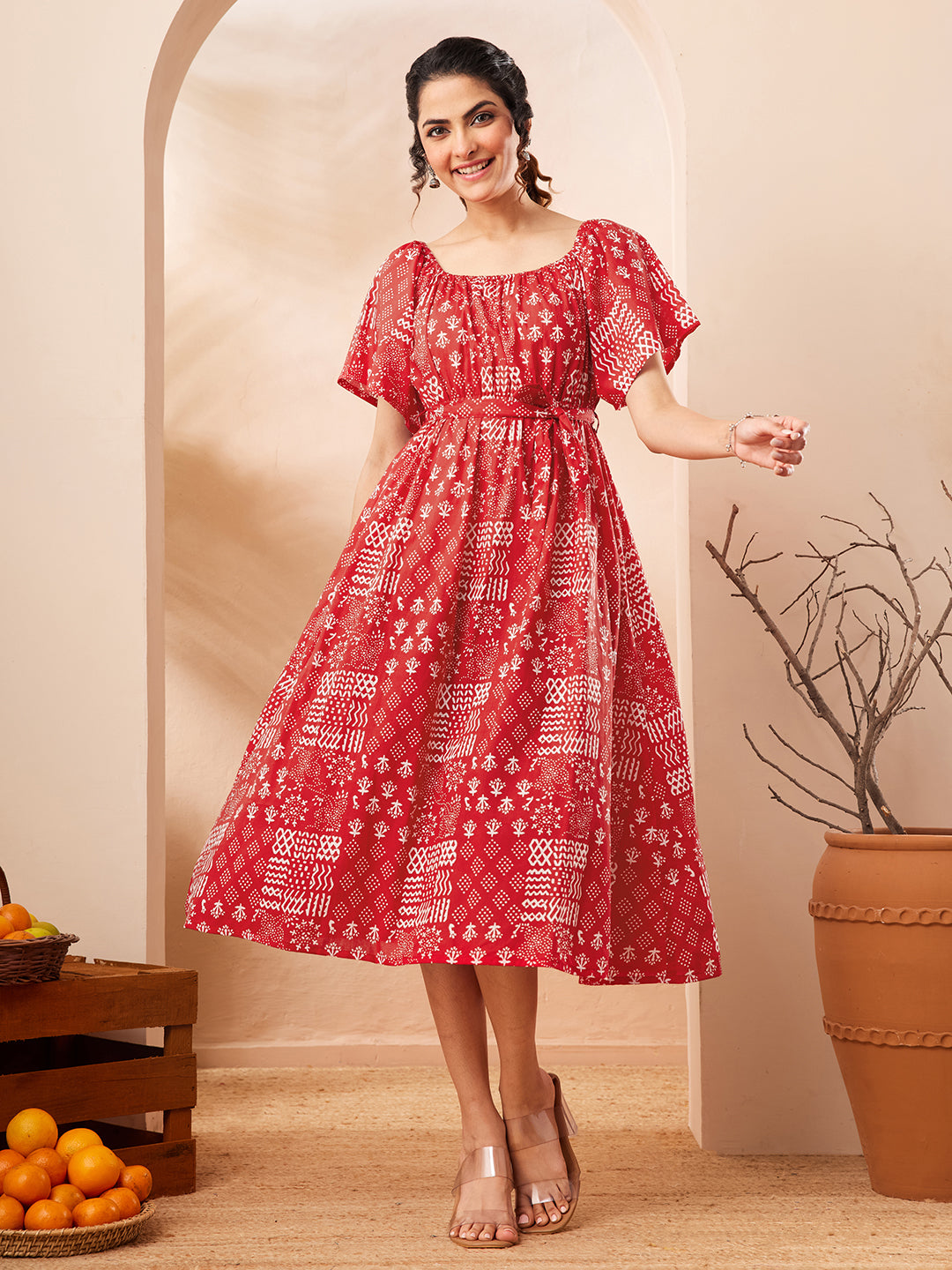 janasya cotton dress Janasya Women's Red Pure Cotton Printed A-line Dress