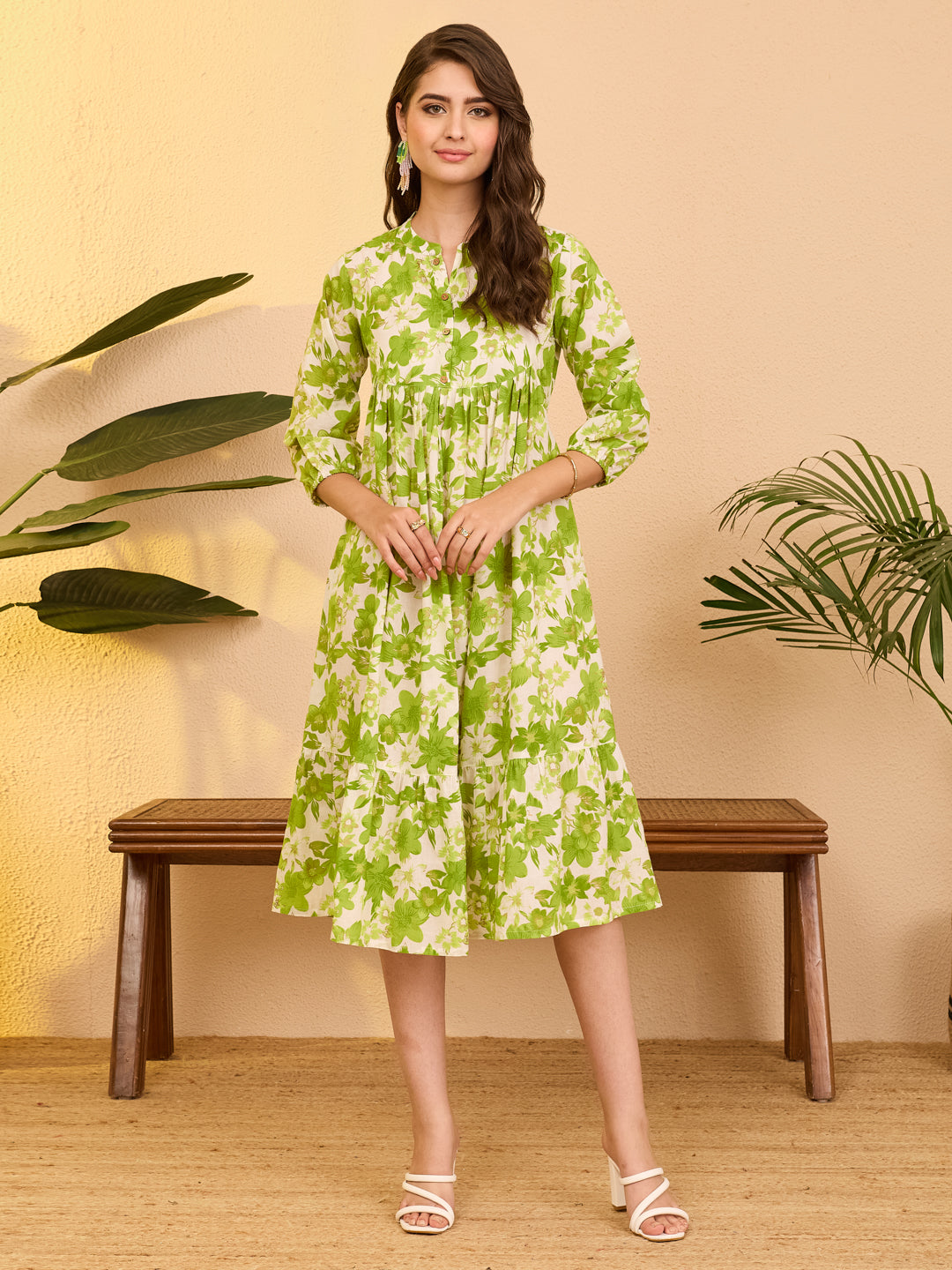 Janasya Women's White Pure Cotton Floral Printed A-line Dress