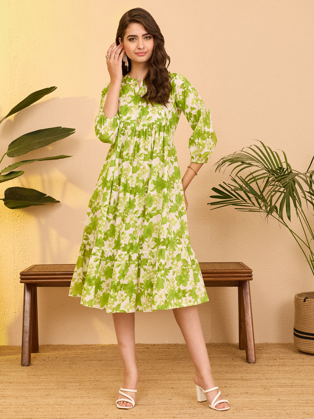 Janasya Women's White Pure Cotton Floral Printed A-line Dress