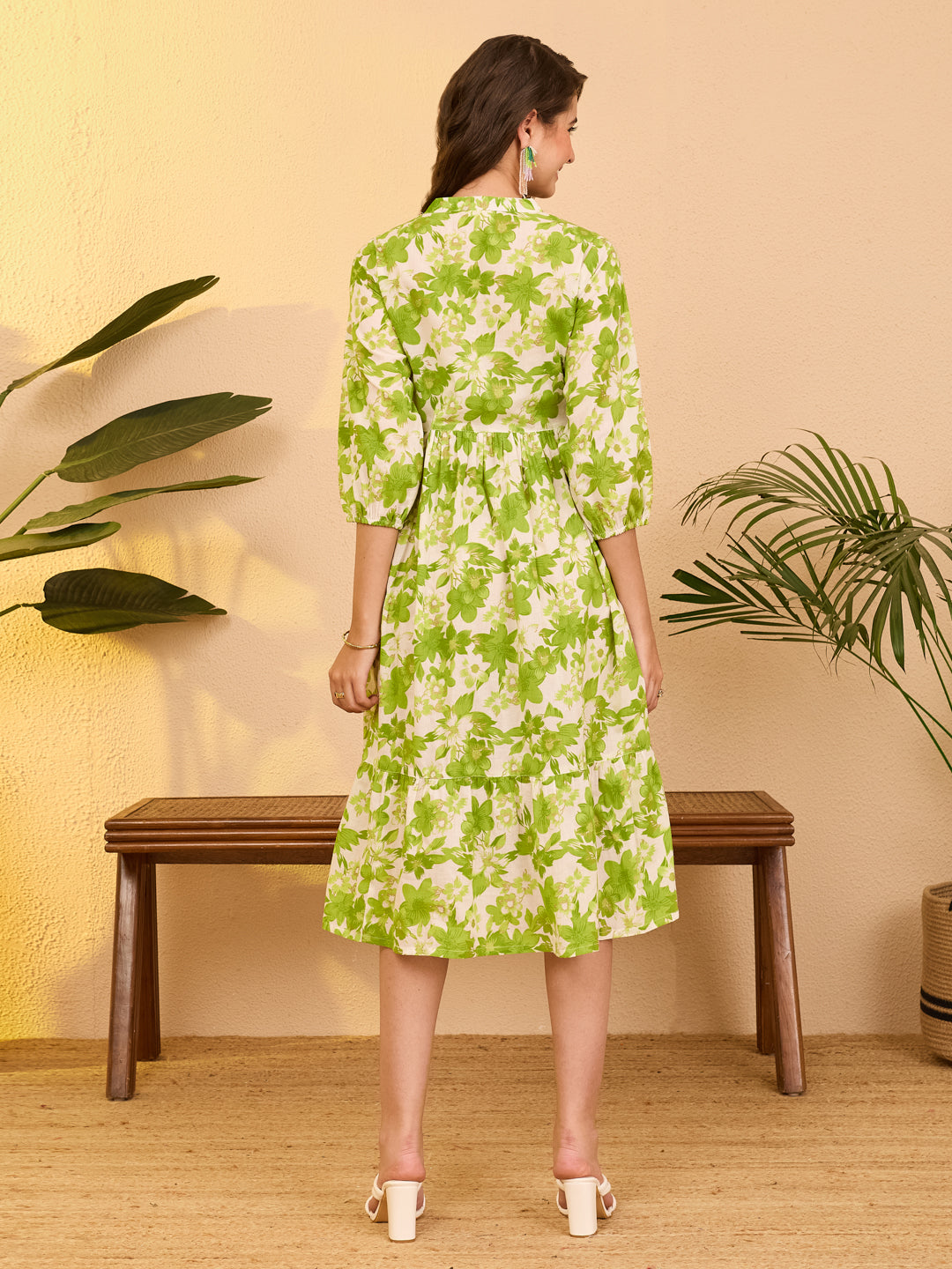 Janasya Women's White Pure Cotton Floral Printed A-line Dress