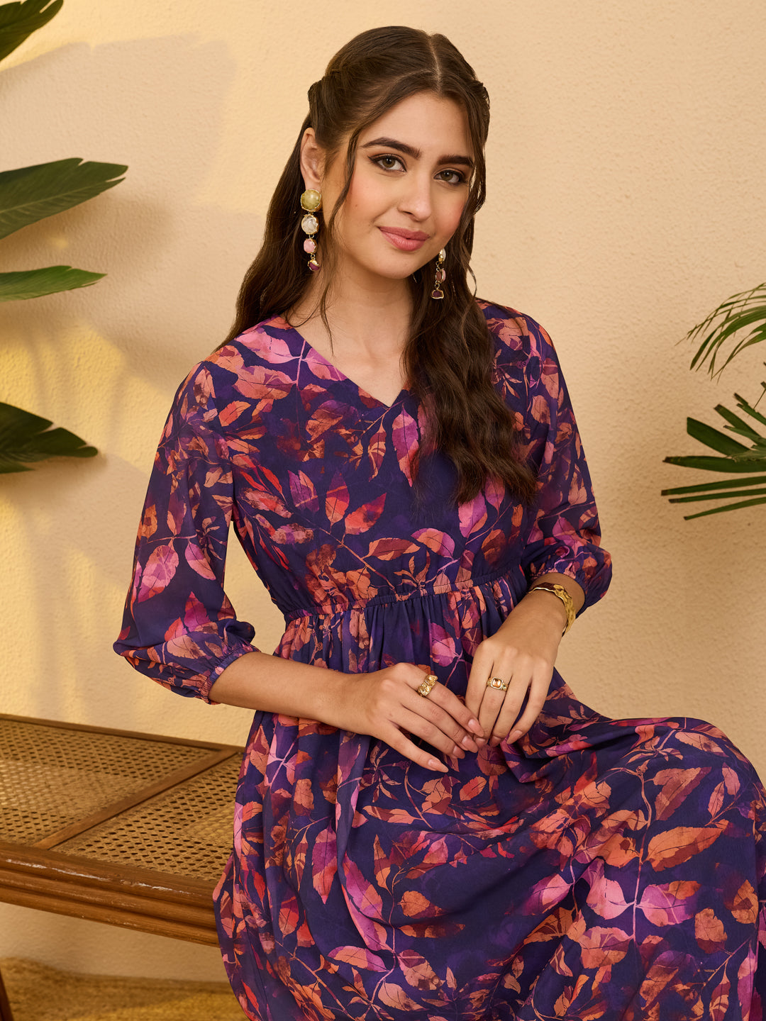 Janasya Women's Purple Georgette Botanical Printed Gathered Dress