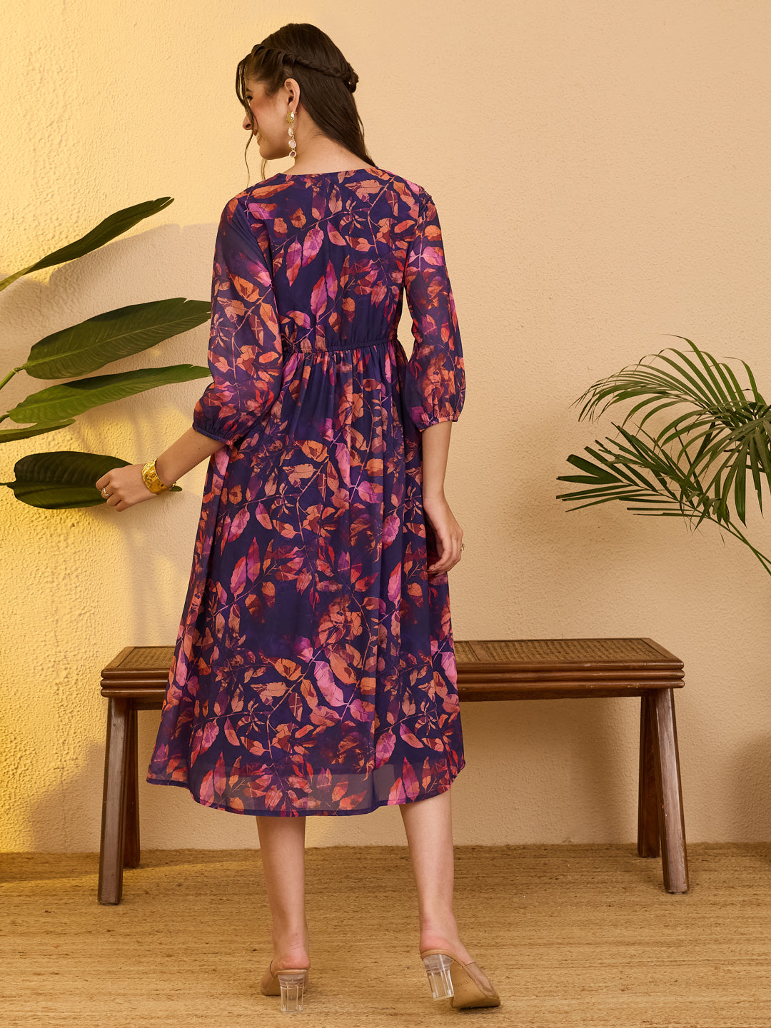 Janasya Women's Purple Georgette Botanical Printed Gathered Dress