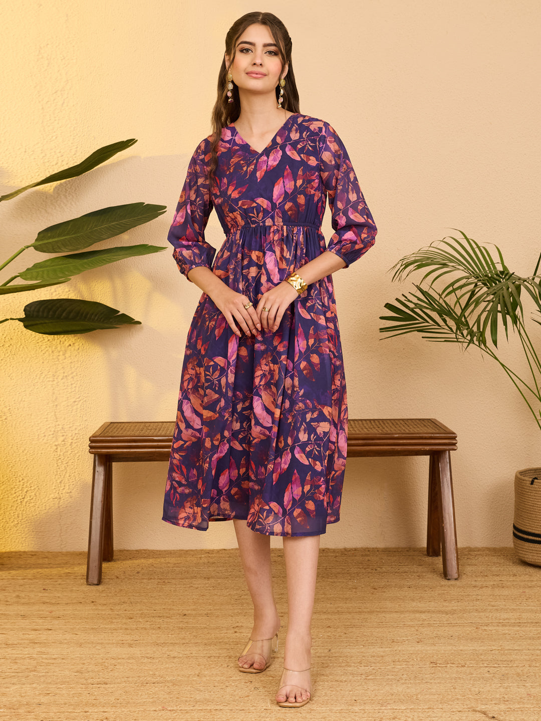 Janasya Women's Purple Georgette Botanical Printed Gathered Dress