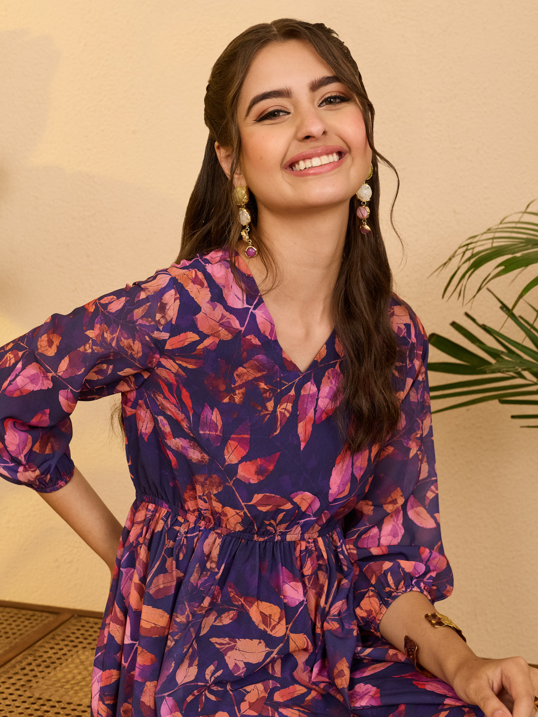 Janasya Women's Purple Georgette Botanical Printed Gathered Dress