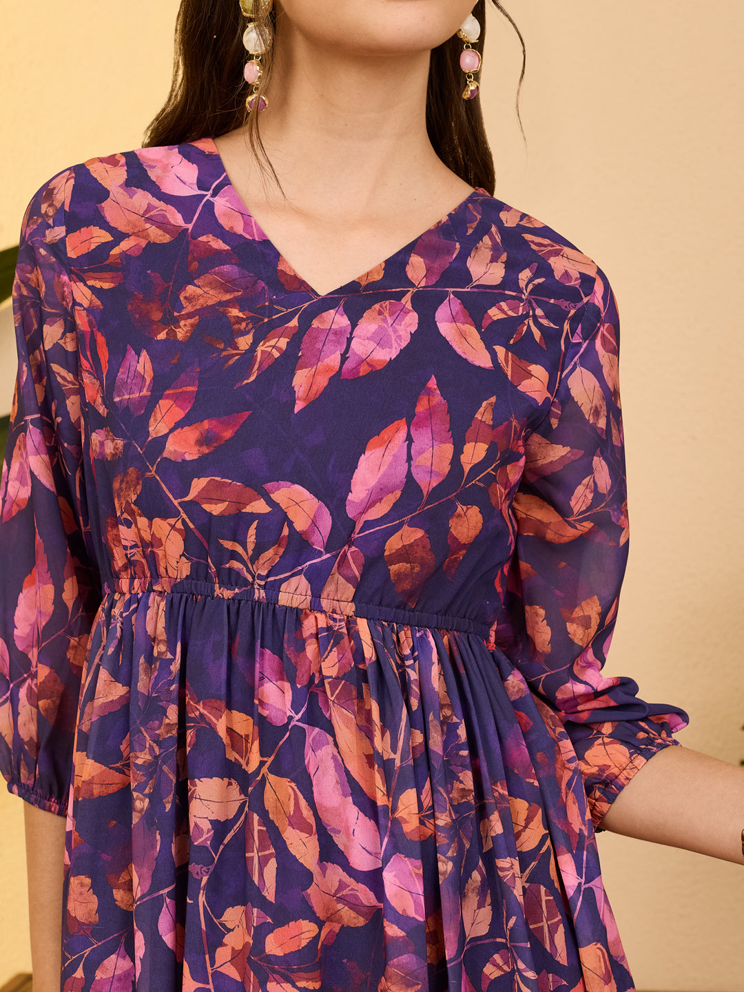 Janasya Women's Purple Georgette Botanical Printed Gathered Dress