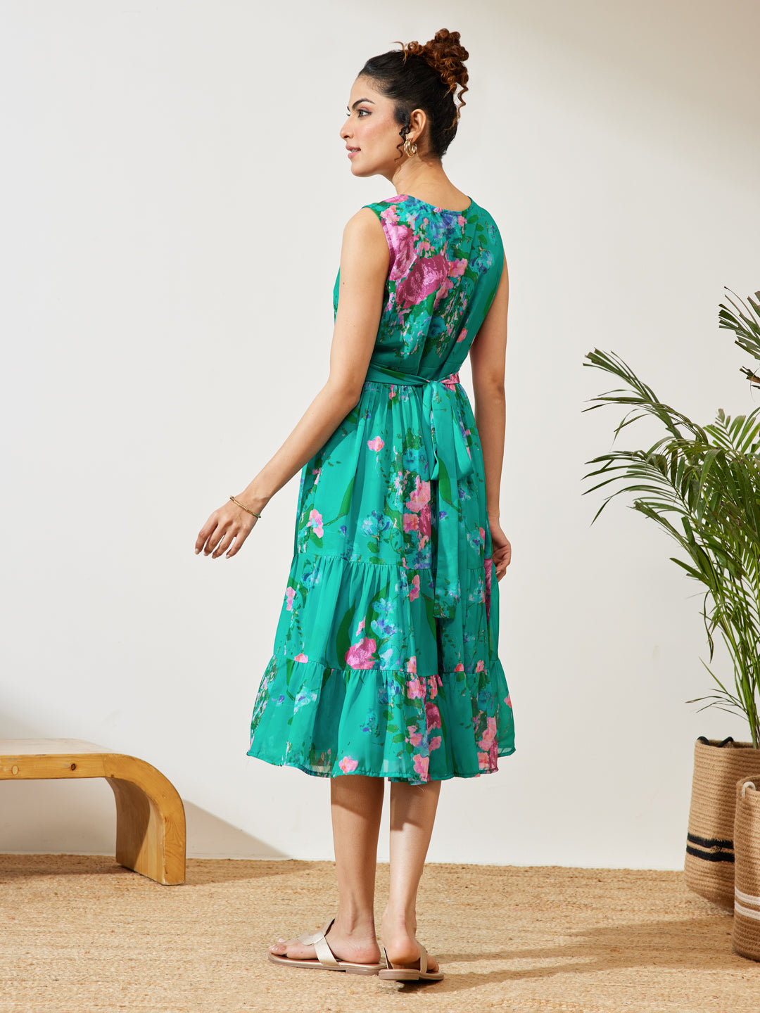 Janasya Women's Sea Green Georgette Floral Printed Tiered Dress