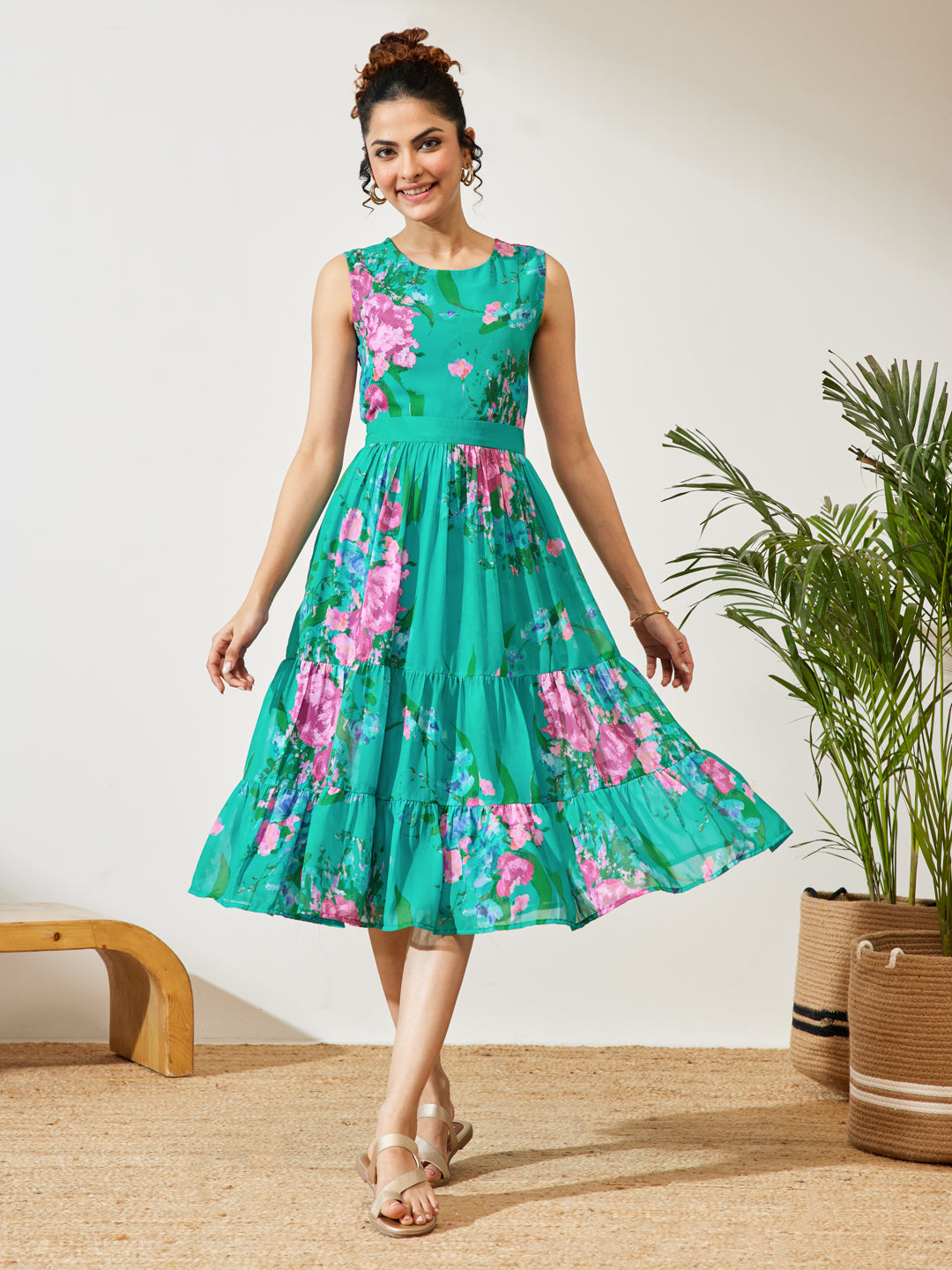 Janasya Women's Sea Green Georgette Floral Printed Tiered Dress