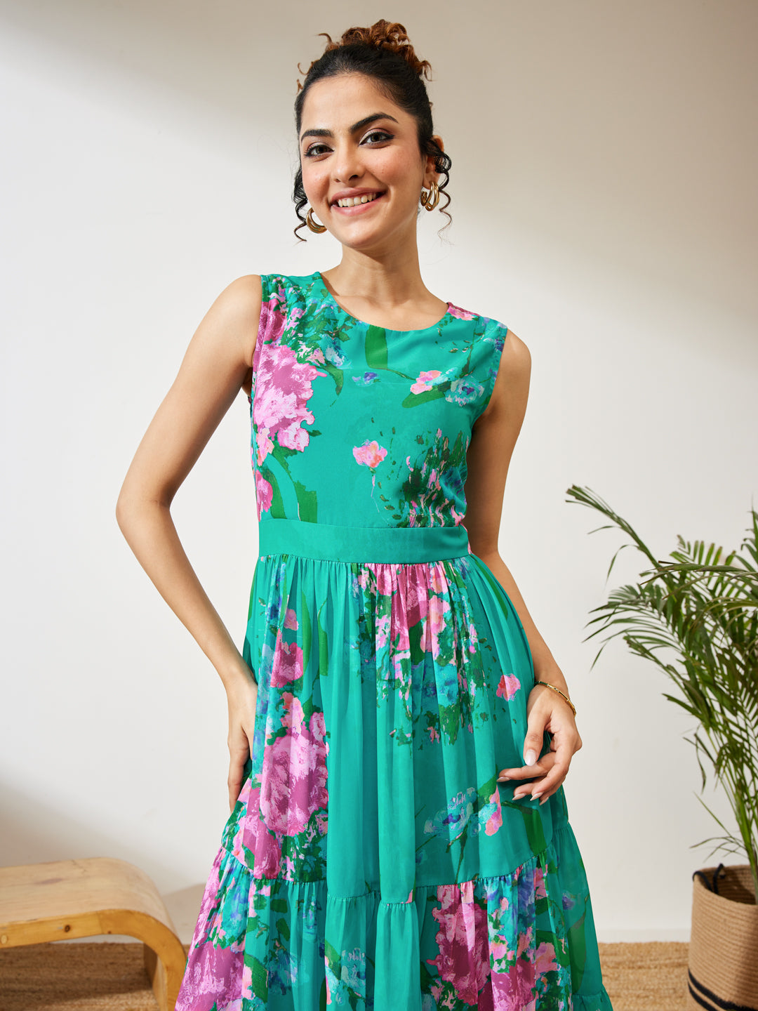 Janasya Women's Sea Green Georgette Floral Printed Tiered Dress