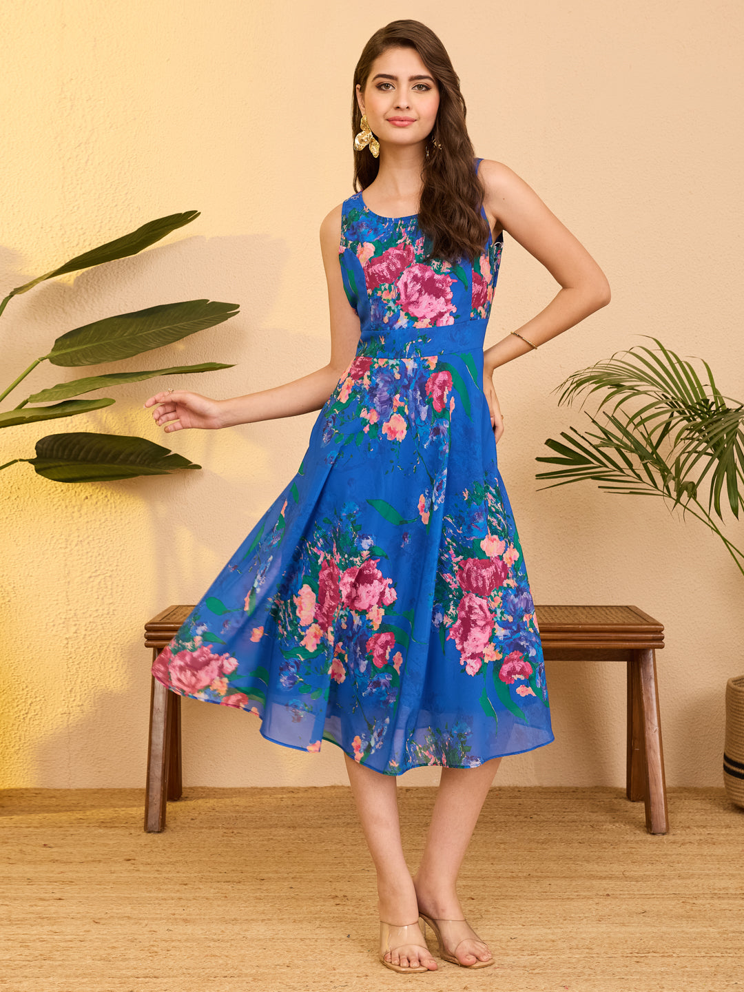 Janasya Women's Royal Blue Georgette Floral Printed A-line Flared Dress