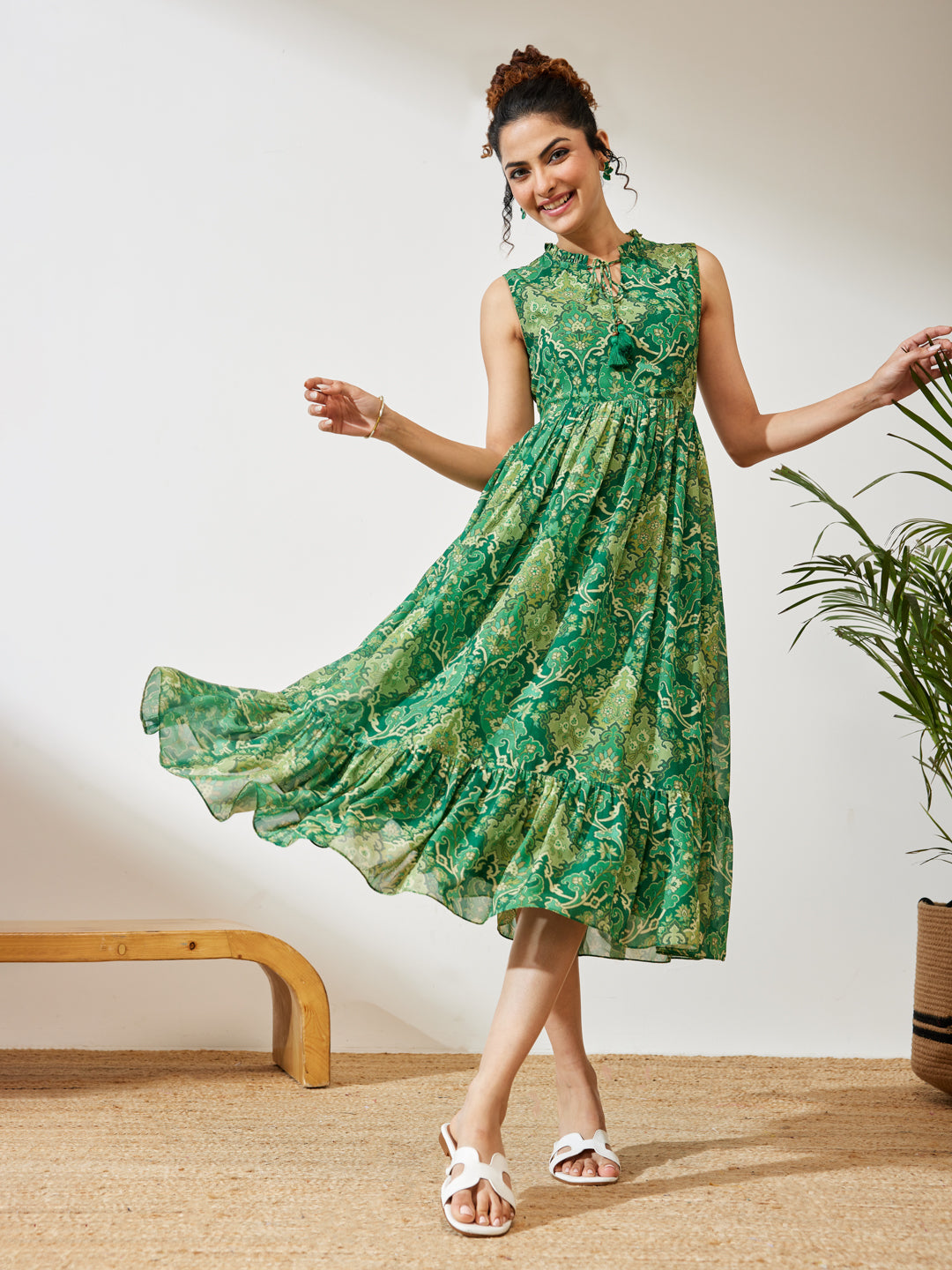 Janasya Women's Green Georgette Floral Printed Fit & Flared Dress