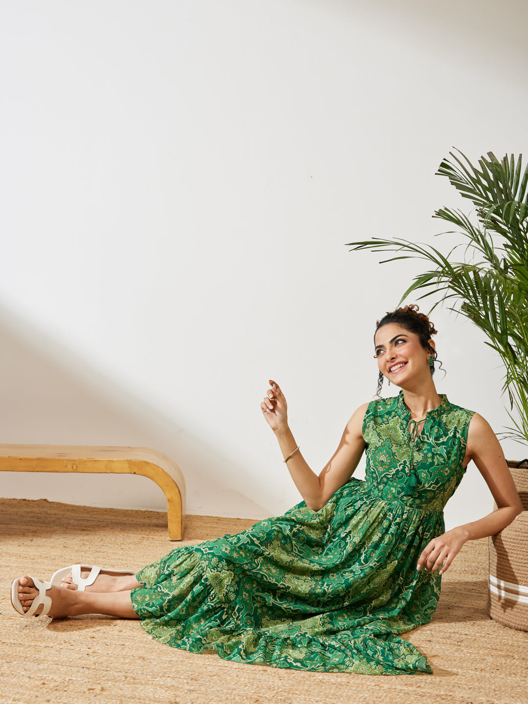 Janasya Women's Green Georgette Floral Printed Fit & Flared Dress