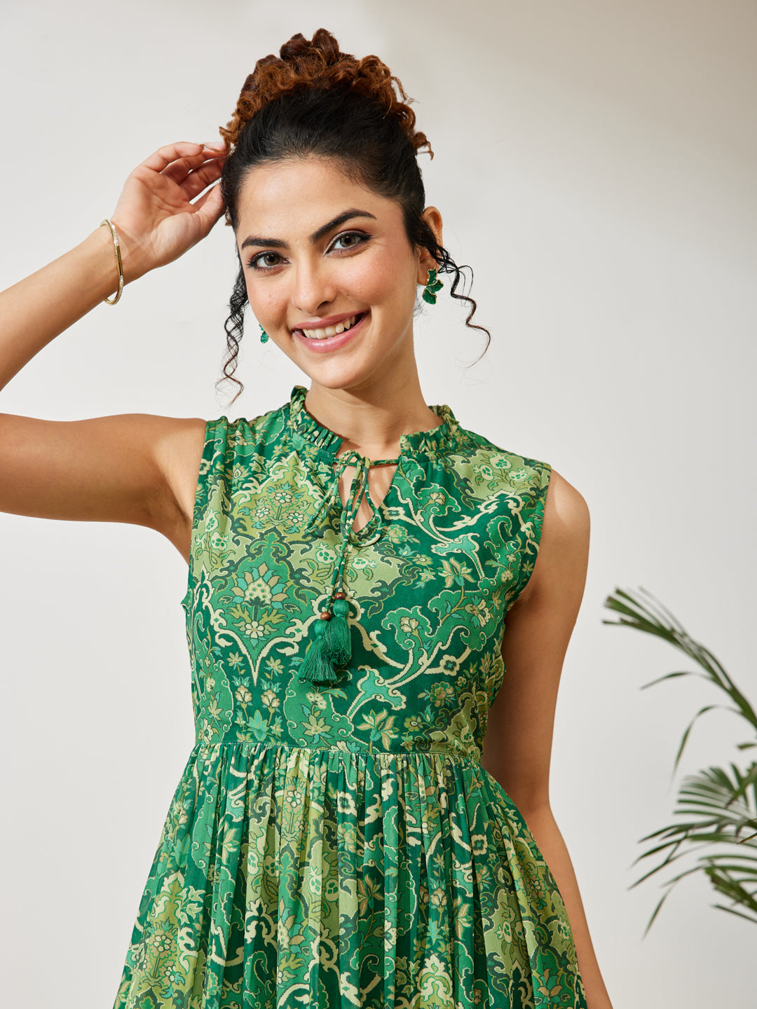 Janasya Women's Green Georgette Floral Printed Fit & Flared Dress