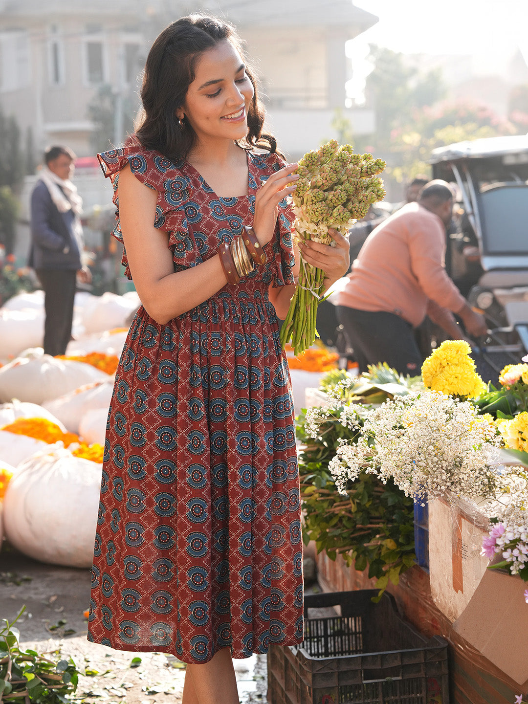 Janasya Women's Rust Pure Cotton Ethnic Motifs Printed Fit & Flare Dress