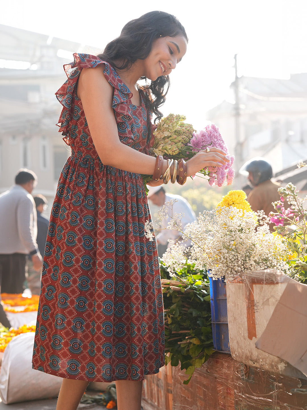 Janasya Women's Rust Pure Cotton Ethnic Motifs Printed Fit & Flare Dress