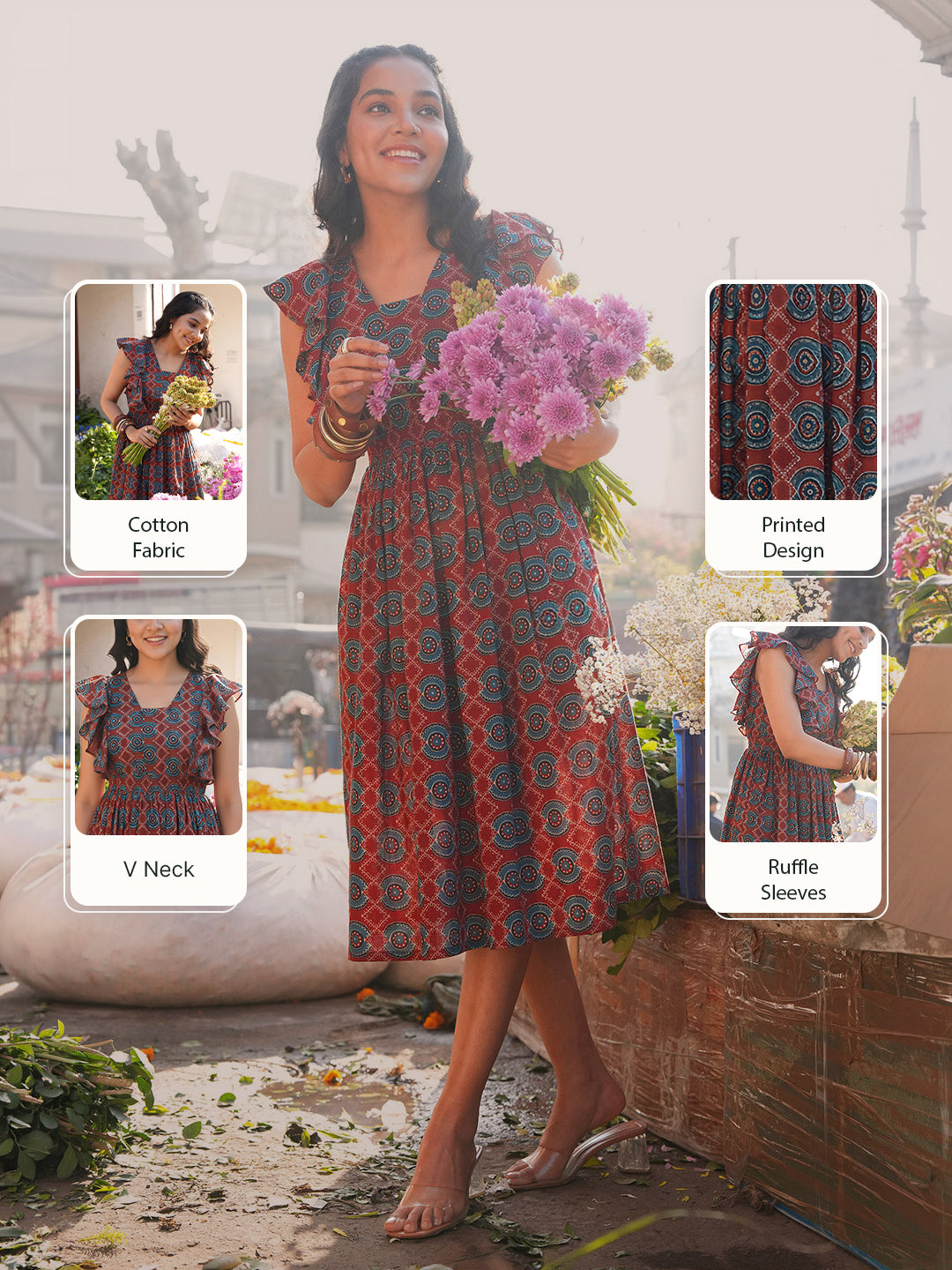 Janasya Women's Rust Pure Cotton Ethnic Motifs Printed Fit & Flare Dress