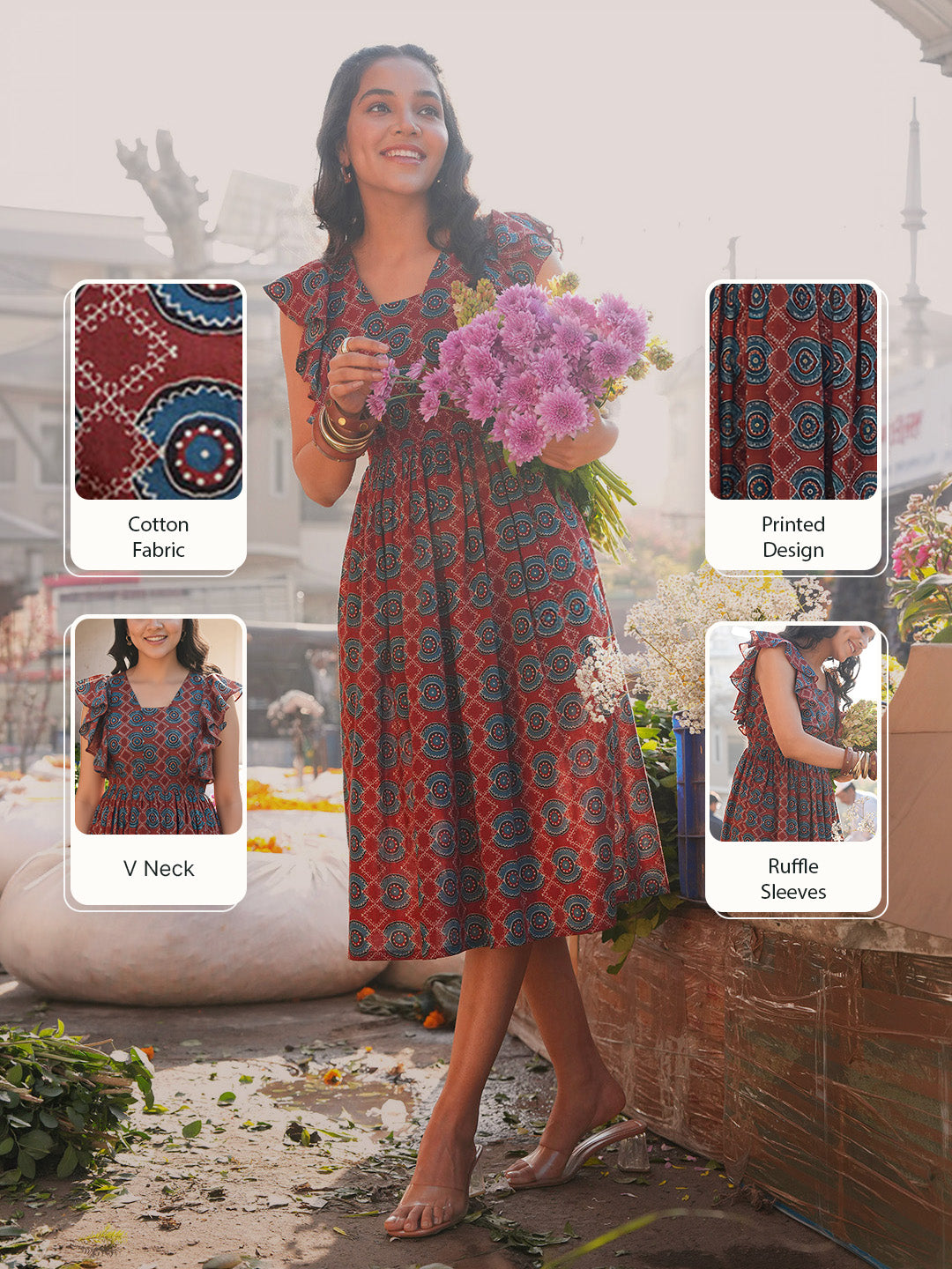 Janasya Women's Rust Pure Cotton Ethnic Motifs Printed Fit & Flare Dress
