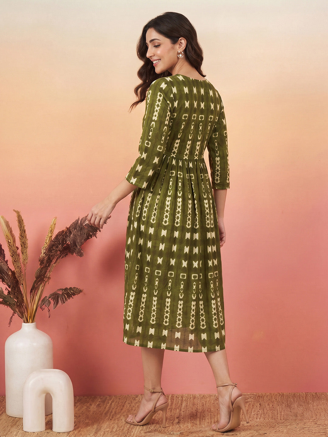 Janasya Women's Olive Green Pure Cotton Geometric Printed Fit & Flare Dress