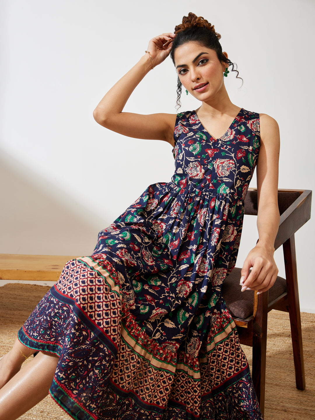 Janasya Women's Navy Blue Pure Cotton Floral Prinrted Gathered Dress