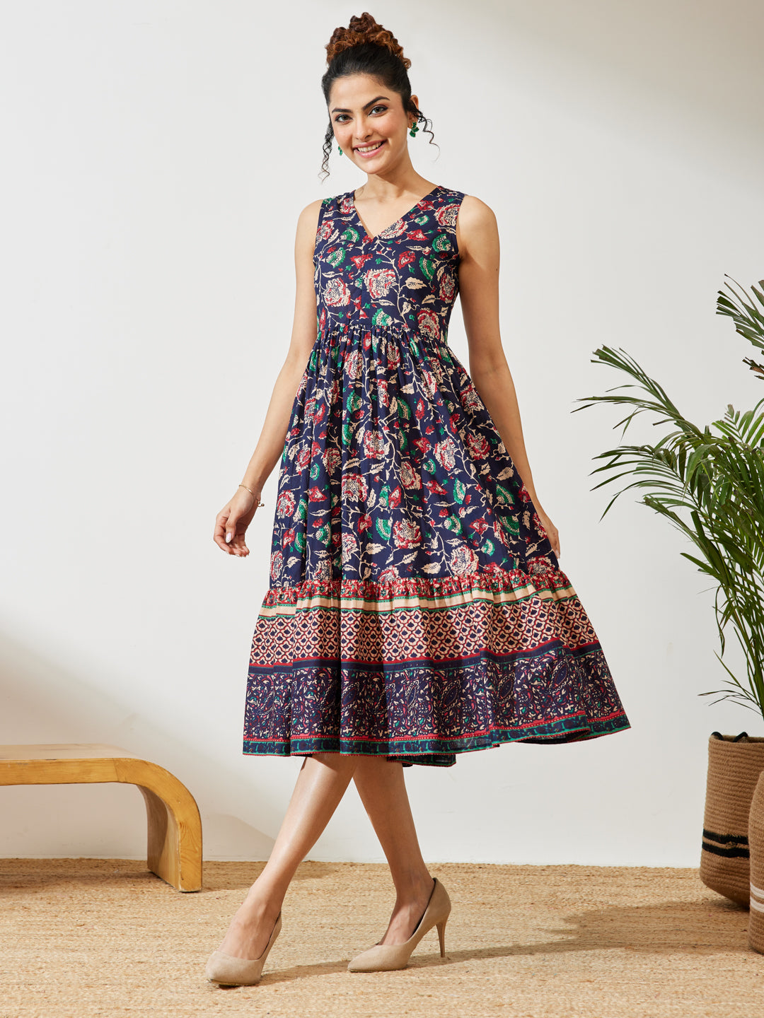 Janasya Women's Navy Blue Pure Cotton Floral Prinrted Gathered Dress