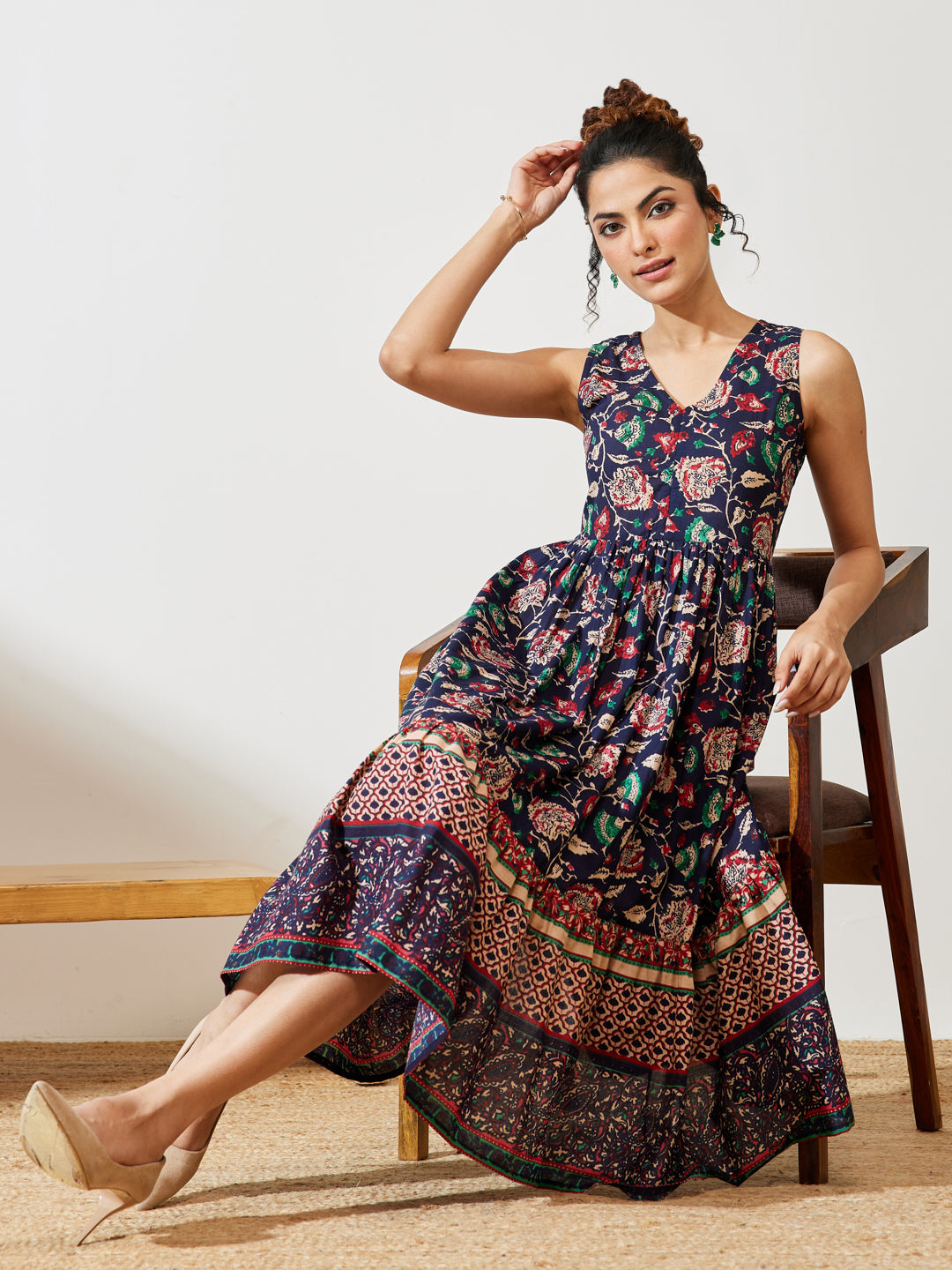 Janasya Women's Navy Blue Pure Cotton Floral Prinrted Gathered Dress