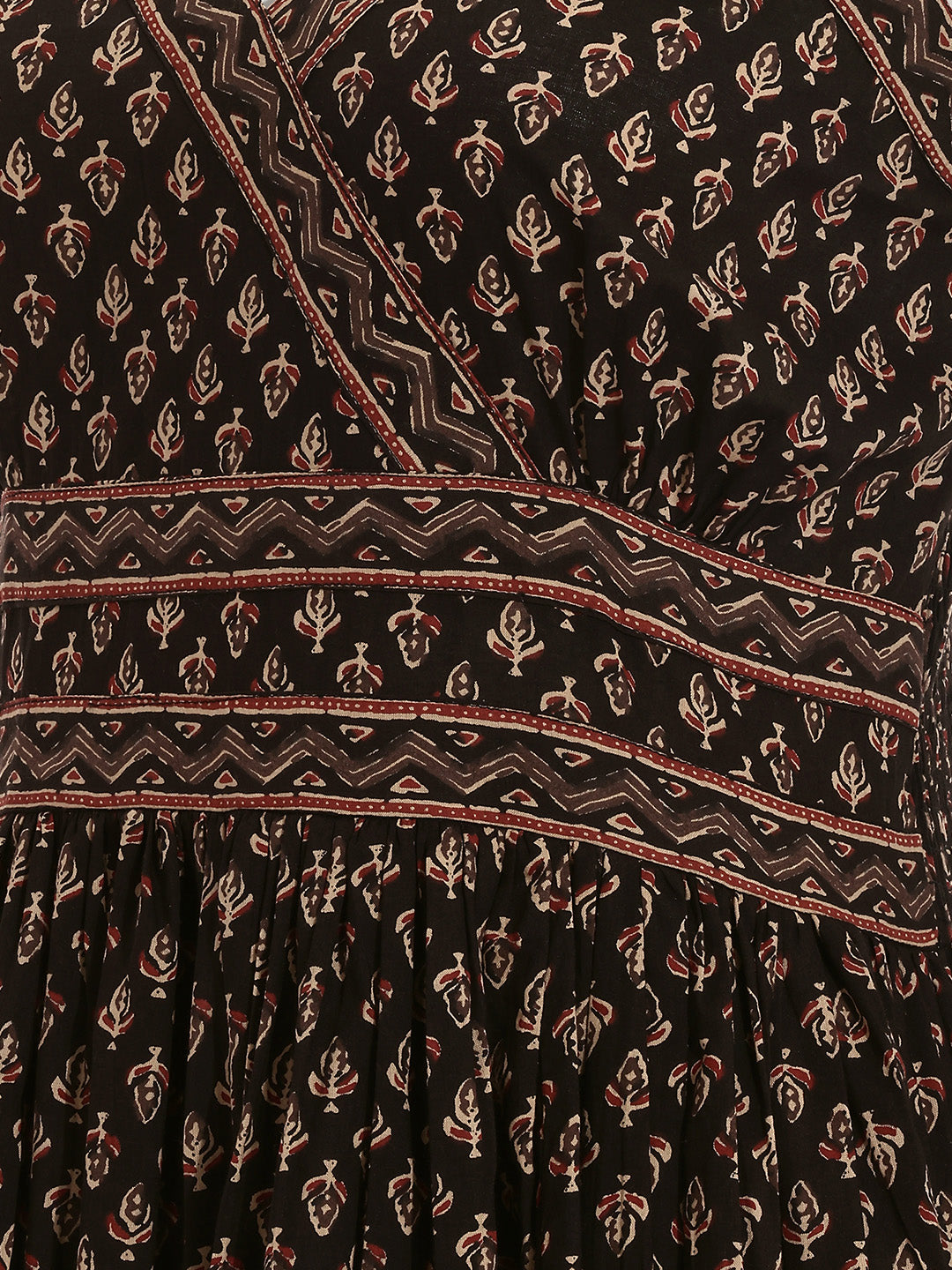 Janasya Women's Brown Pure Cotton Ethnic Motifs Printed Tiered Dress