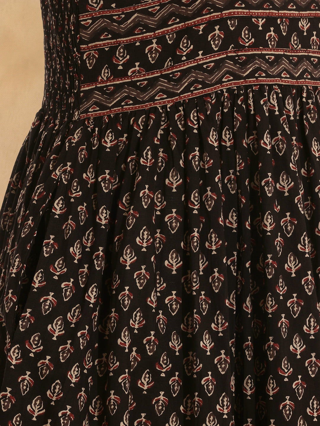 Janasya Women's Brown Pure Cotton Ethnic Motifs Printed Tiered Dress