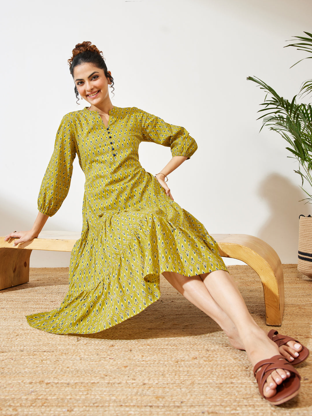 Janasya Women's Mustard Pure Cotton Ethnic Motif Printed Fit & Flare Dress  – Product Video