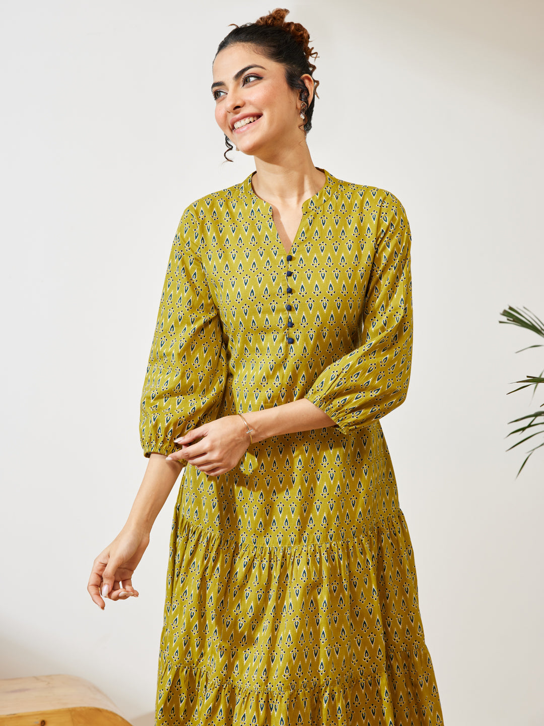 Janasya Women's Mustard Pure Cotton Ethnic Motif Printed Fit & Flare Dress