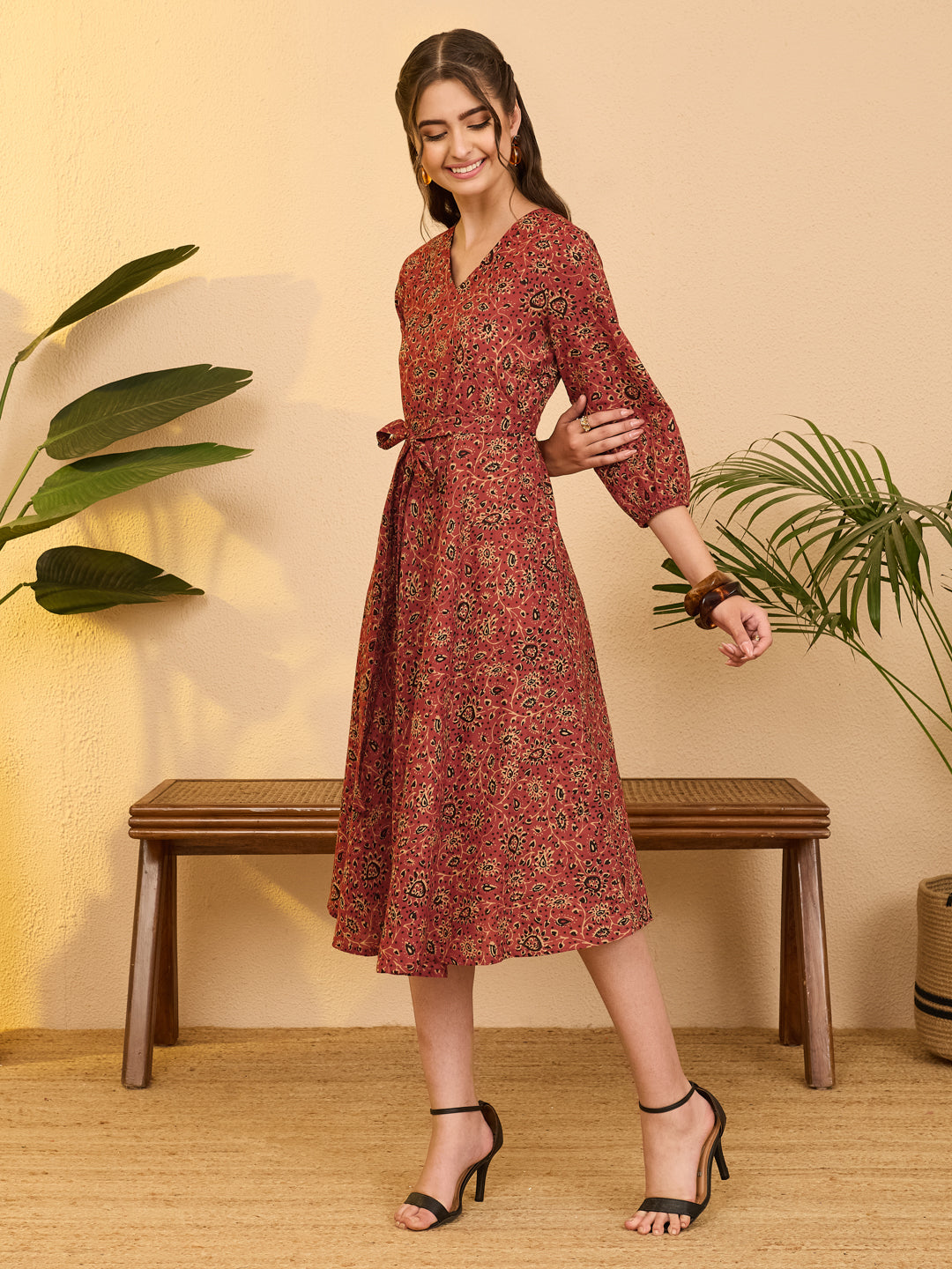 Janasya Women's Rust Pure Cotton Ajrakh Printed A-line Dress