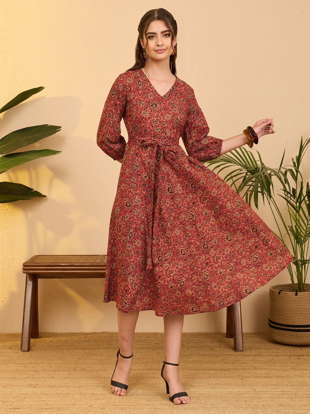 Janasya Women's Rust Pure Cotton Ajrakh Printed A-line Dress