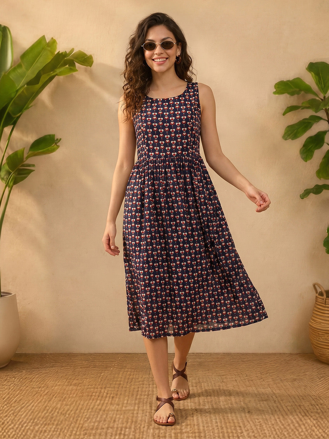 Janasya Women's Navy Blue Pure Cotton Ethnic Motifs Printed Gathered Dress