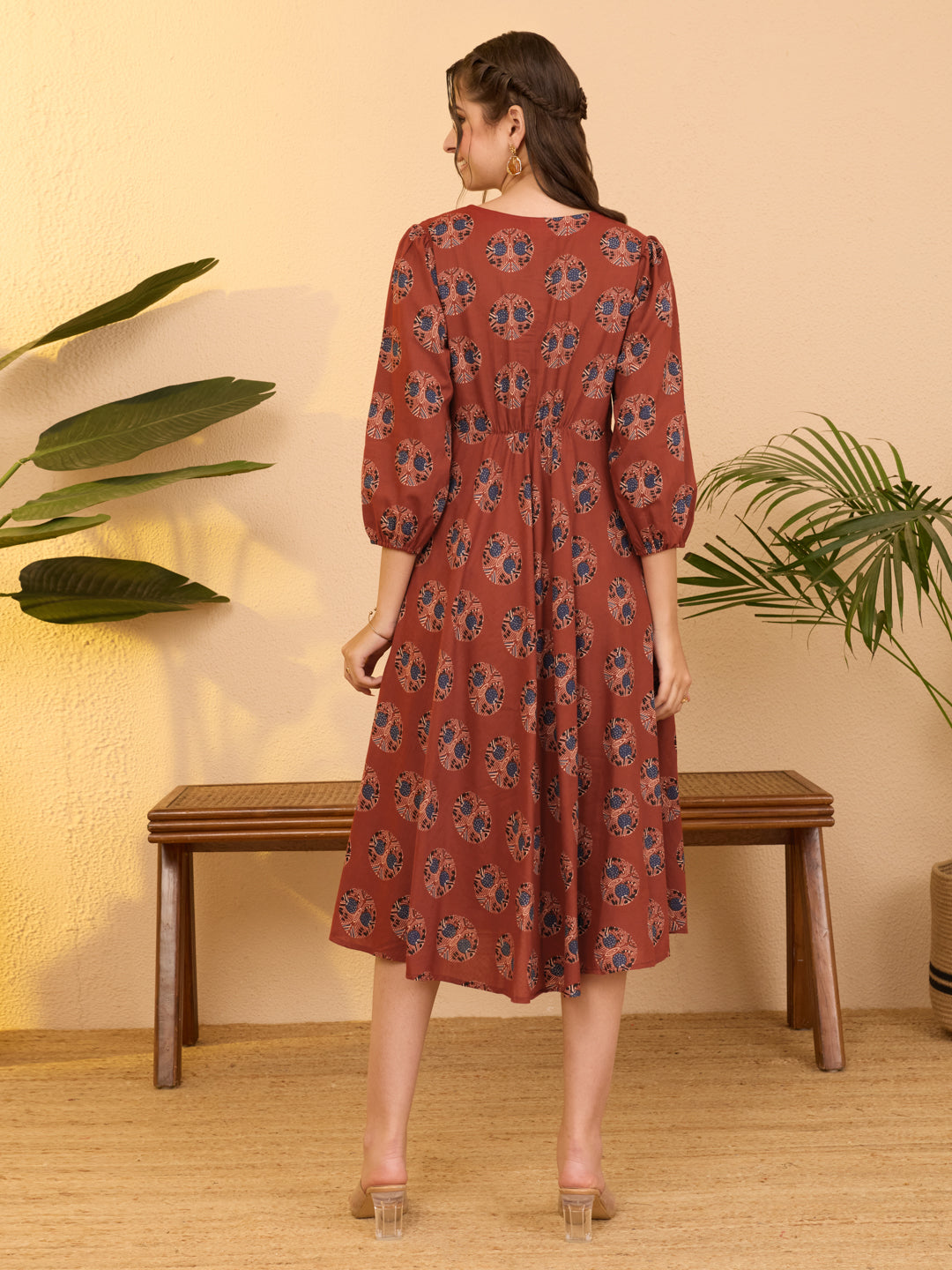 Janasya Women's Red Pure Cotton Ethnic Motifs Printed A-line Dress