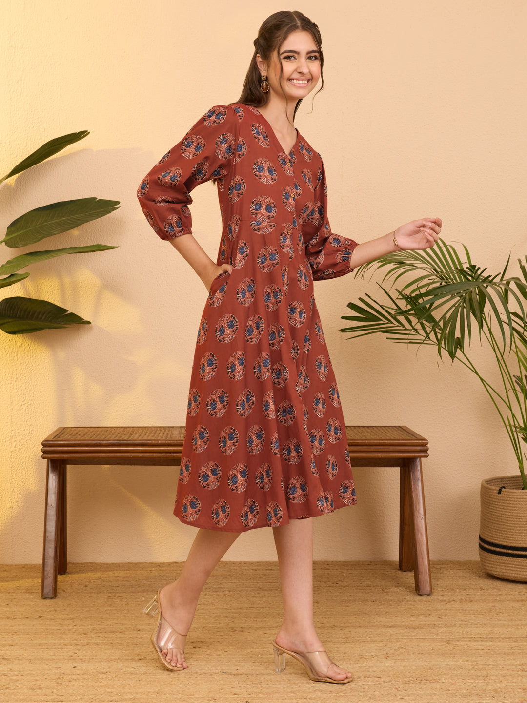 Janasya Women's Red Pure Cotton Ethnic Motifs Printed A-line Dress