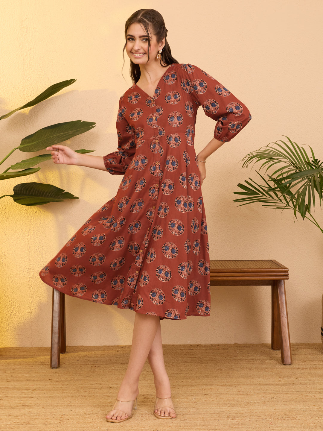 Janasya Women's Red Pure Cotton Ethnic Motifs Printed A-line Dress