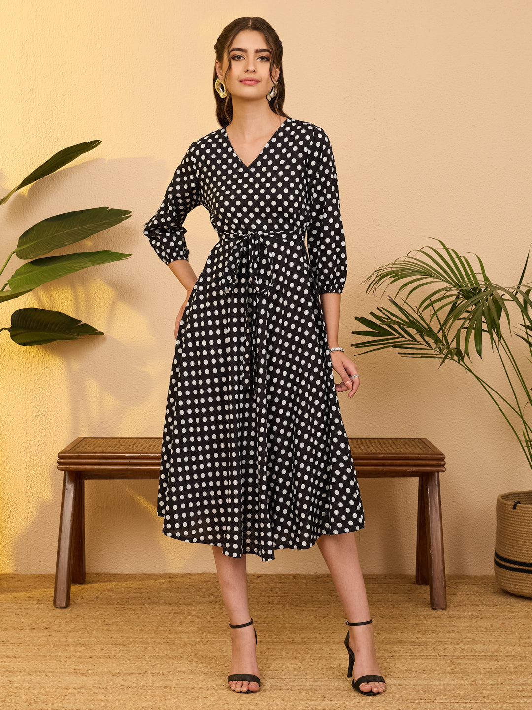 Janasya Women's Black Pure Cotton Polka Dot Printed Fit & Flare Dress