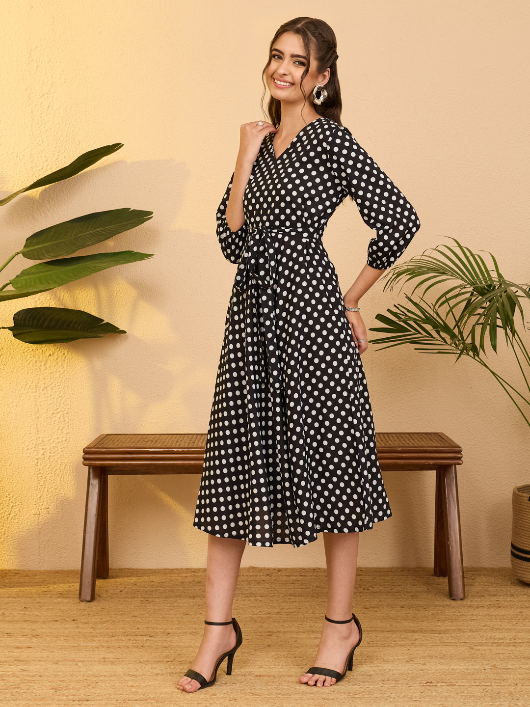 Janasya Women's Black Pure Cotton Polka Dot Printed Fit & Flare Dress