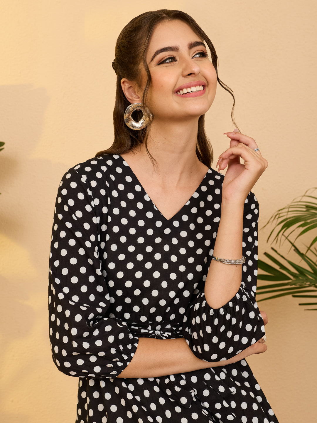 Janasya Women's Black Pure Cotton Polka Dot Printed Fit & Flare Dress