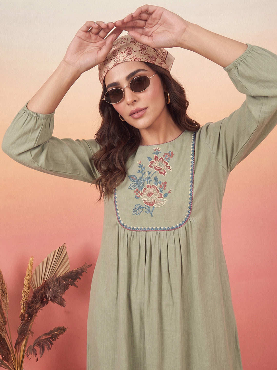 Janasya Women's Sage Green Linen Cotton Embroidered A-Line Dress