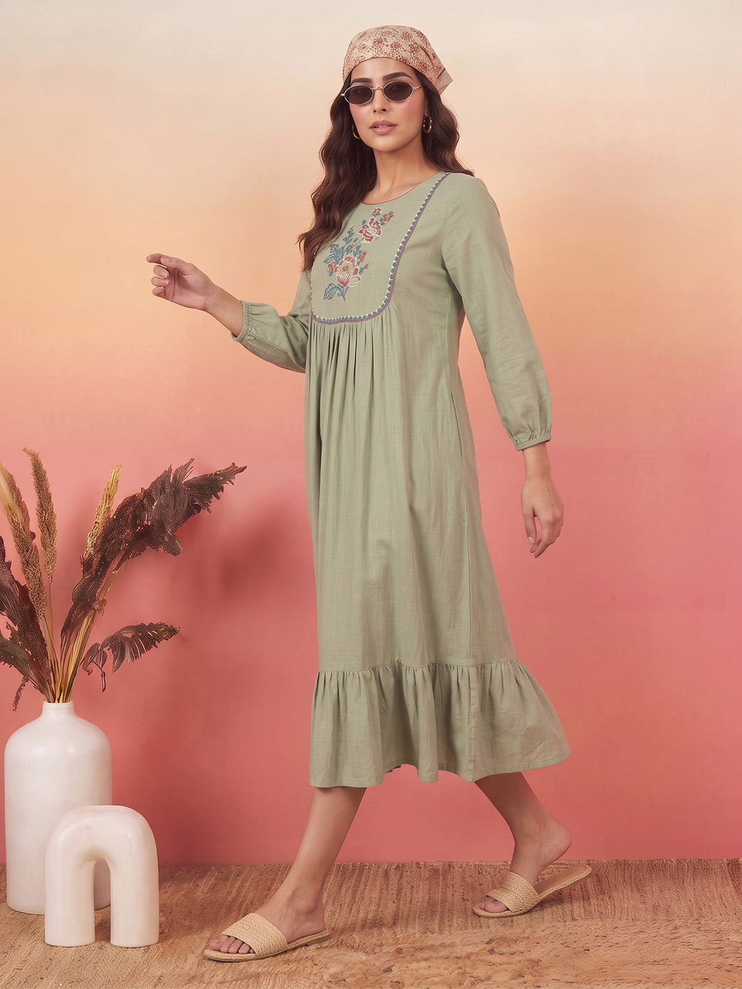 Janasya Women's Sage Green Linen Cotton Embroidered A-Line Dress