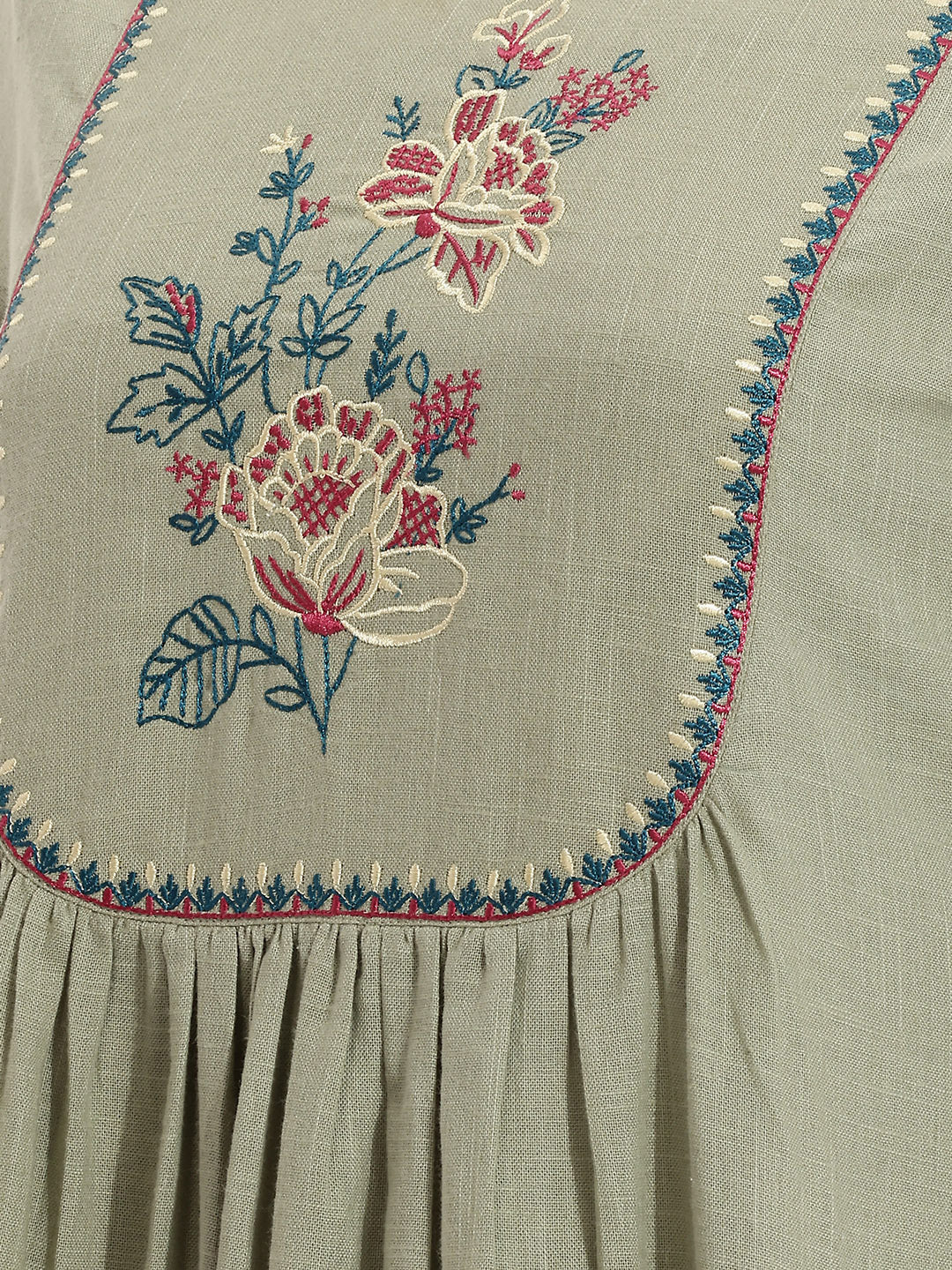 Janasya Women's Sage Green Linen Cotton Embroidered A-Line Dress