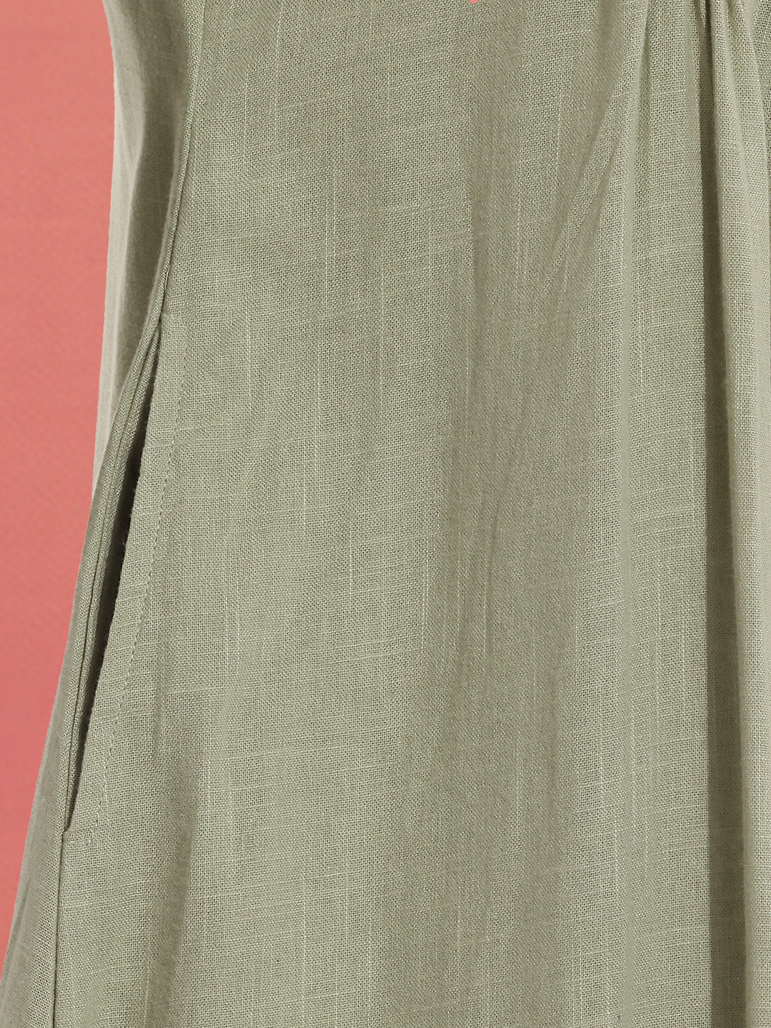 Janasya Women's Sage Green Linen Cotton Embroidered A-Line Dress