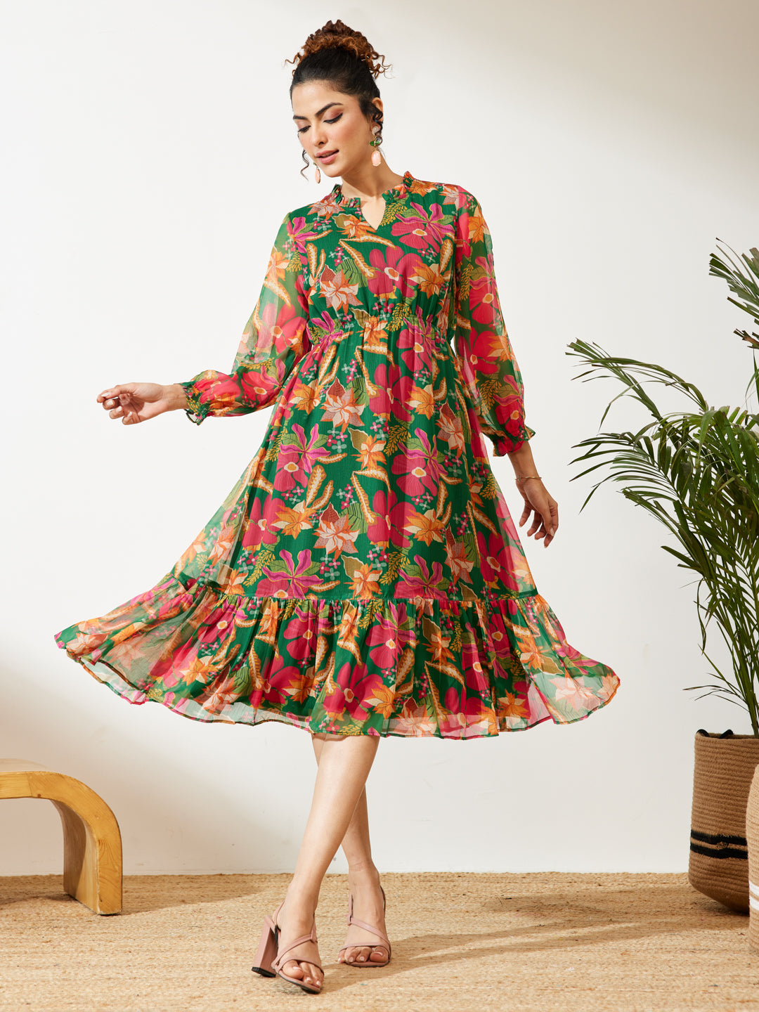 Janasya Women's Green Chiffon Floral Printed Fit & Flare Dress