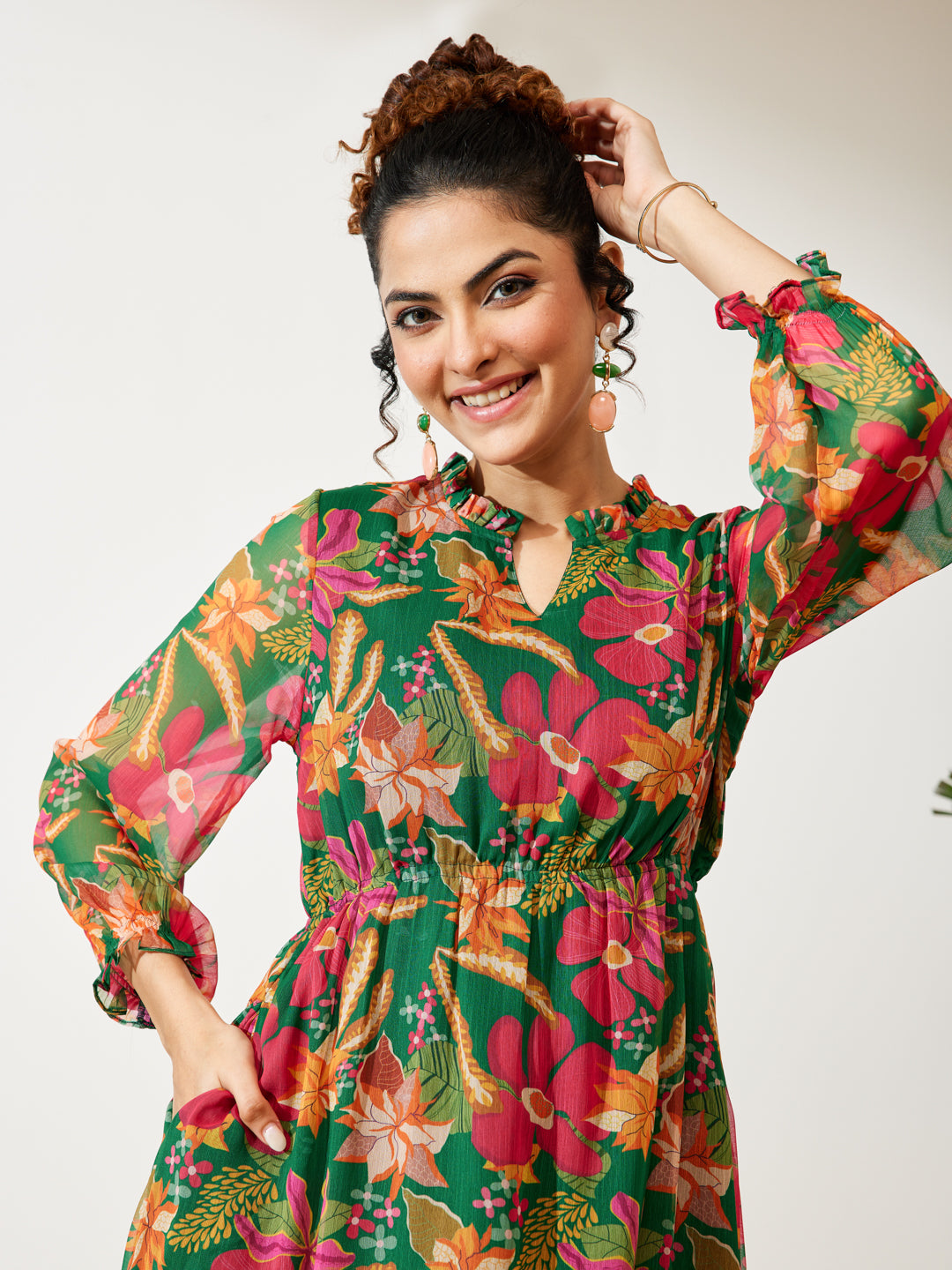 Janasya Women's Green Chiffon Floral Printed Fit & Flare Dress