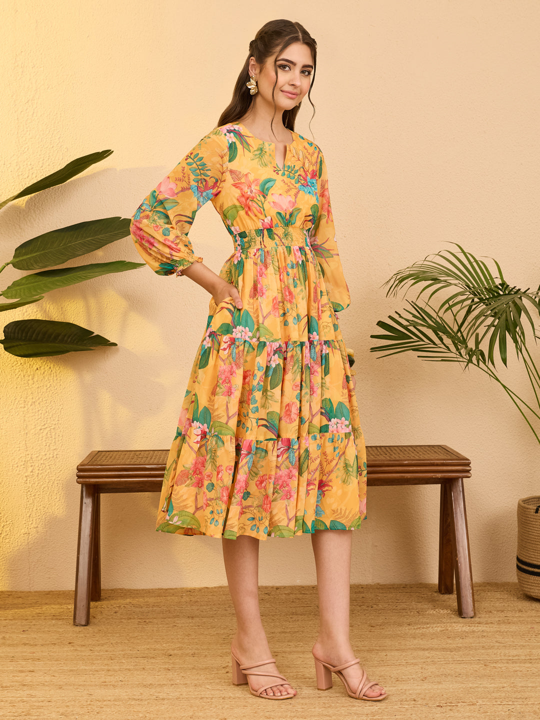 Janasya Women's Yellow Georgette Floral Printed Tiered Dress