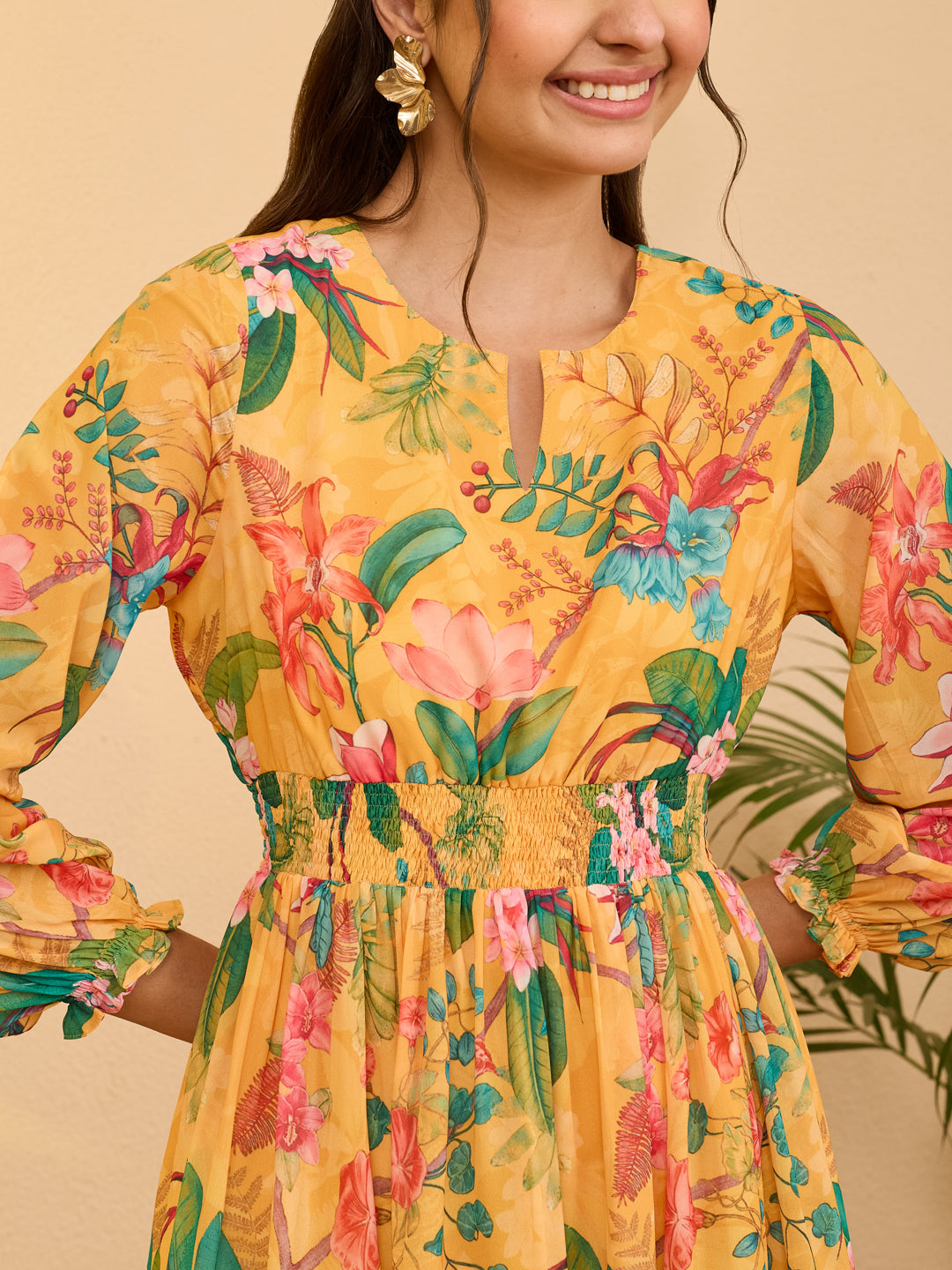 Janasya Women's Yellow Georgette Floral Printed Tiered Dress