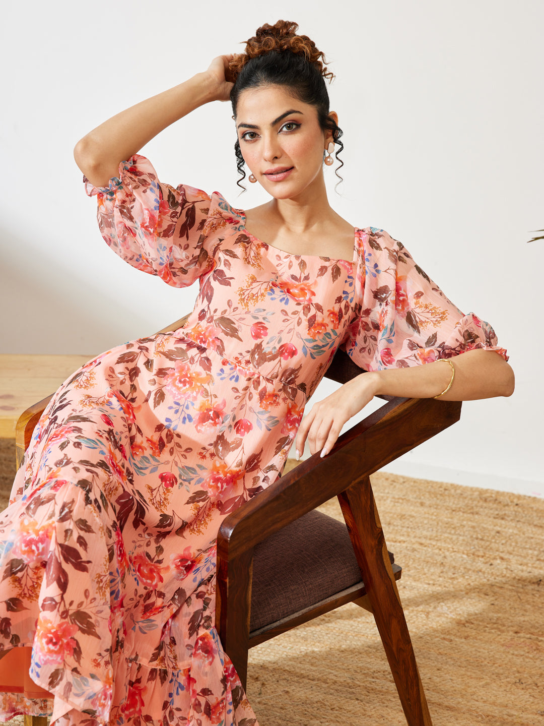 Janasya Women's Peach Chiffon Floral Printed A-line Dress