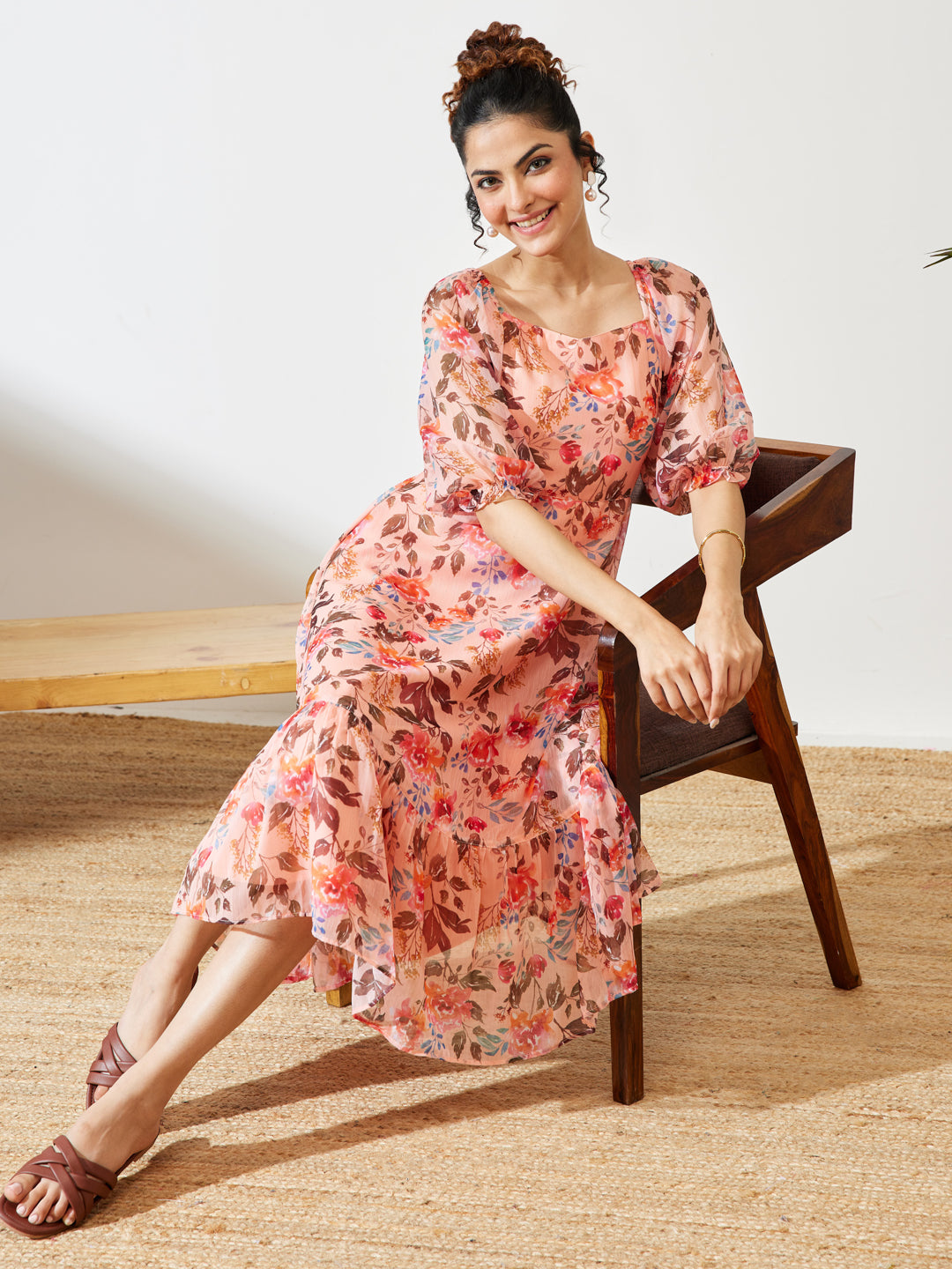 Janasya Women's Peach Chiffon Floral Printed A-line Dress